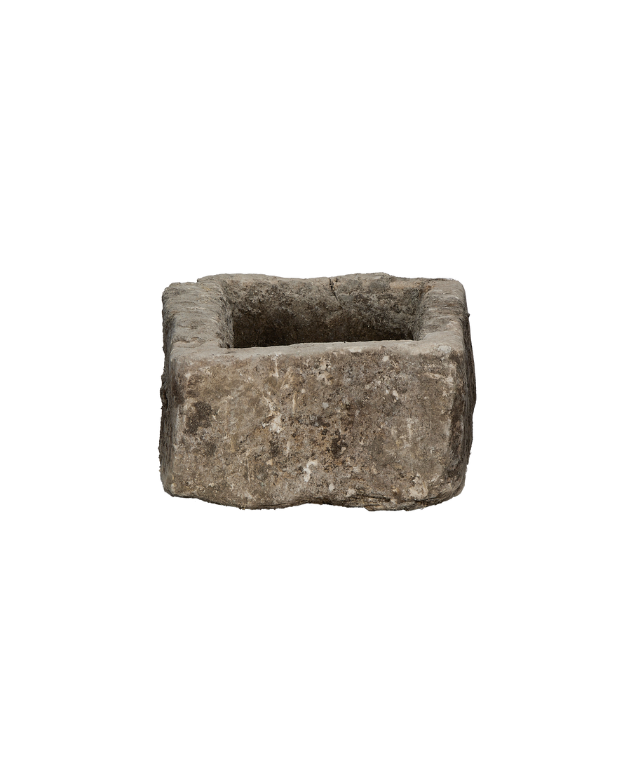 Vintage Indonesian rectangular limestone trough, top view showcasing weathered texture and rustic interior.