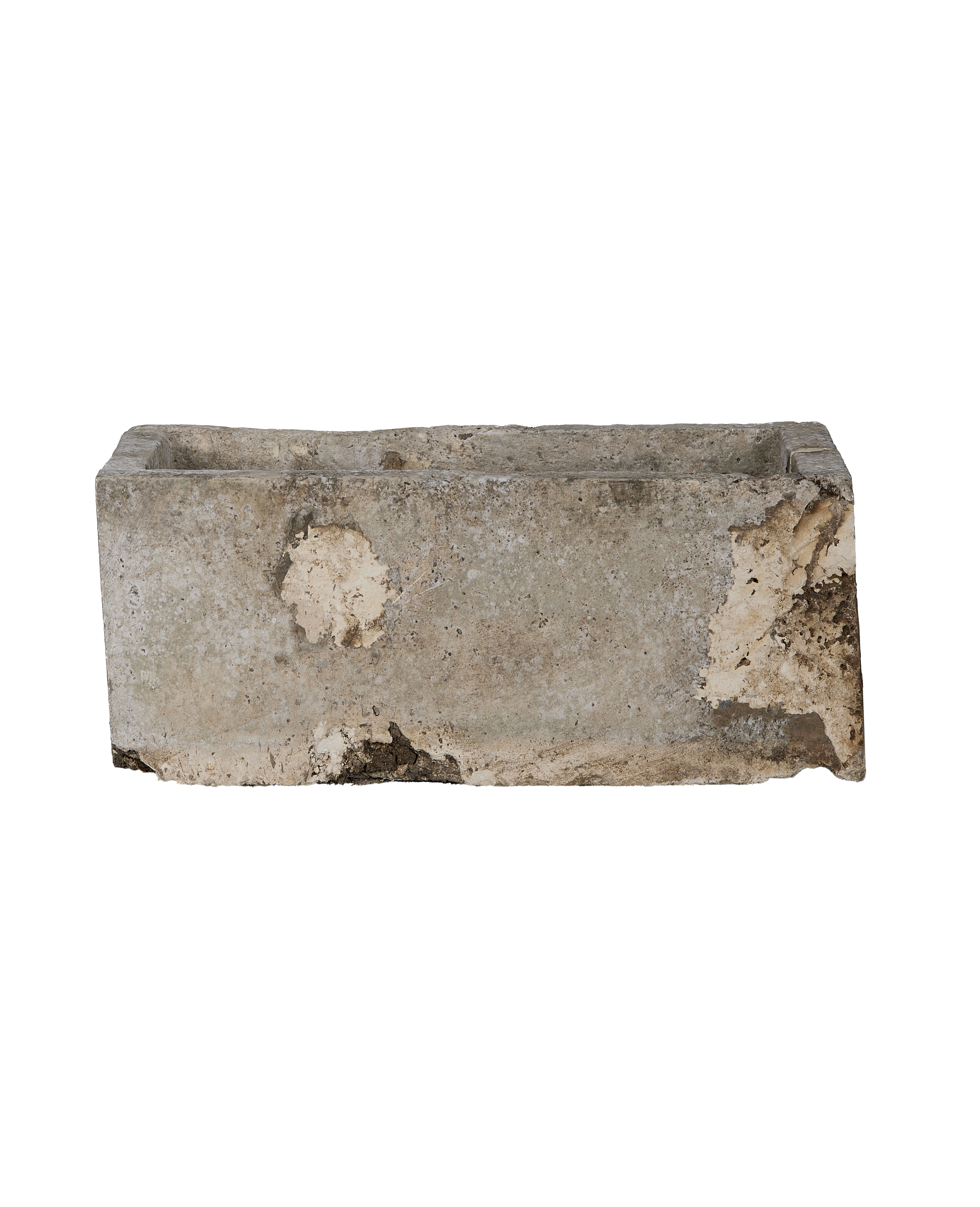 Rectangular vintage limestone trough from Indonesia with distressed, weathered texture, top-down view.