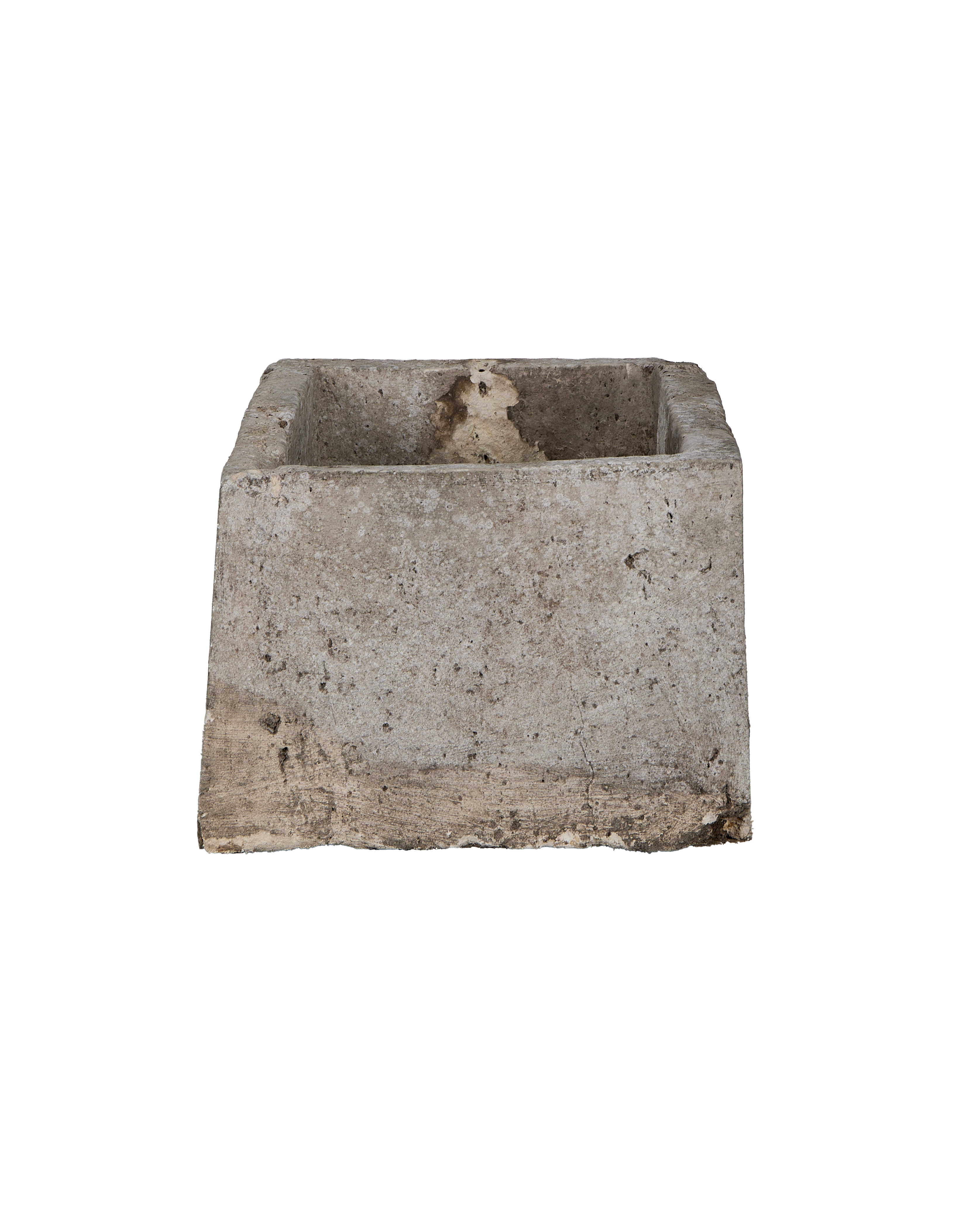 Vintage Indonesian limestone trough, grey weathered rectangle with visible rough interior texture.