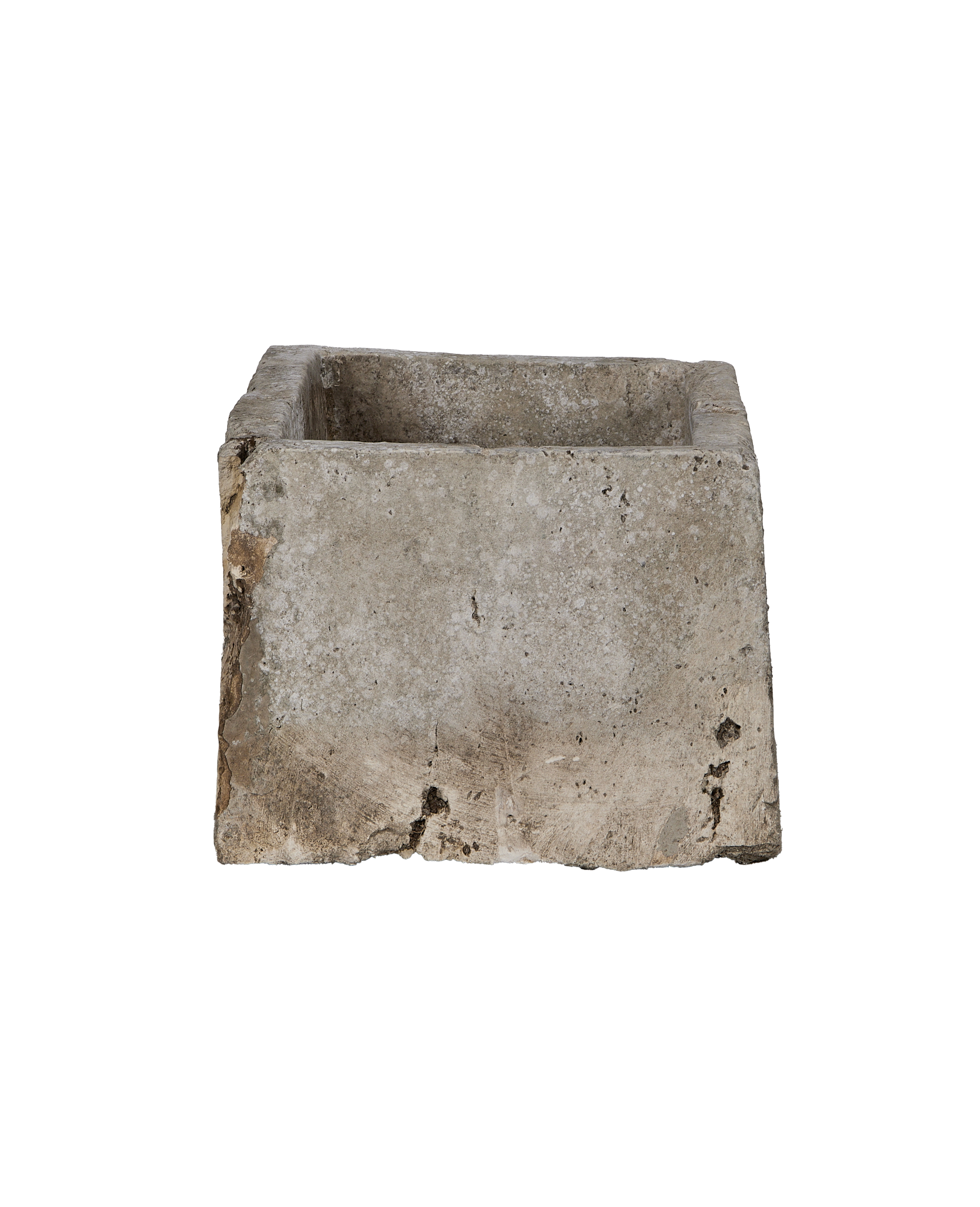 Vintage rectangular limestone trough, front-facing view showing weathered texture and sturdy construction.