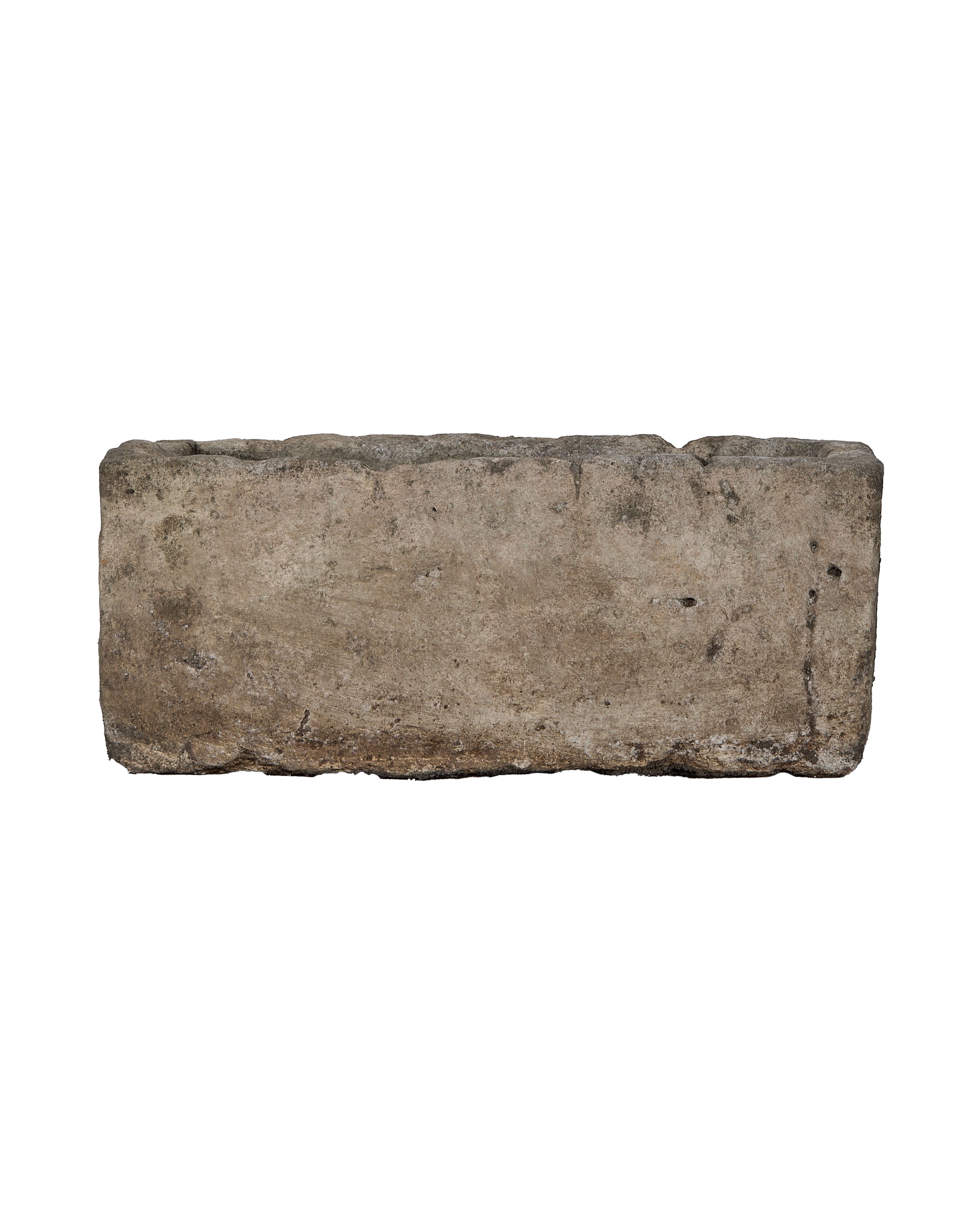 Vintage rectangular Indonesian limestone trough, OAK finish, revealing texture and weathered details.