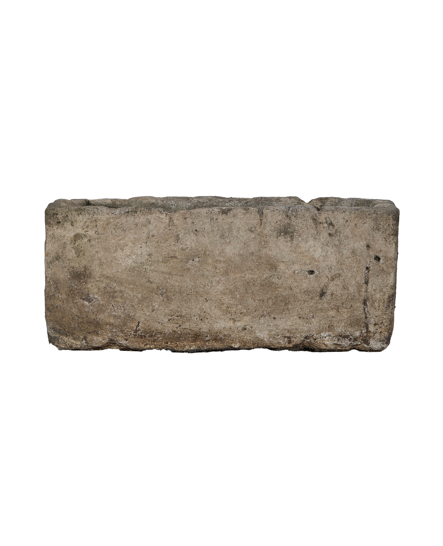 Vintage rectangular Indonesian limestone trough, OAK finish, revealing texture and weathered details.