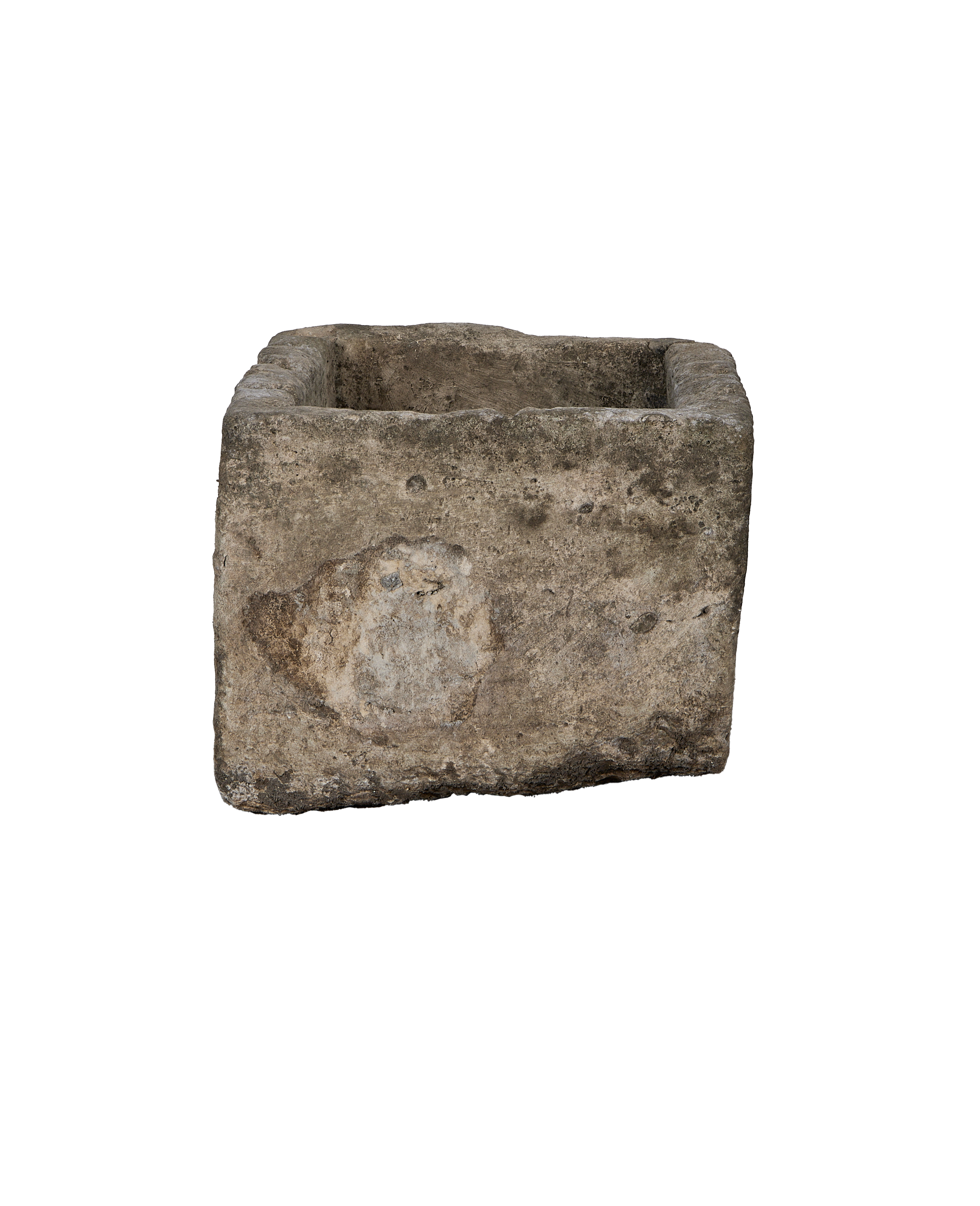 Vintage Indonesian limestone rectangular trough, showing uneven texture and weathered patch on side.