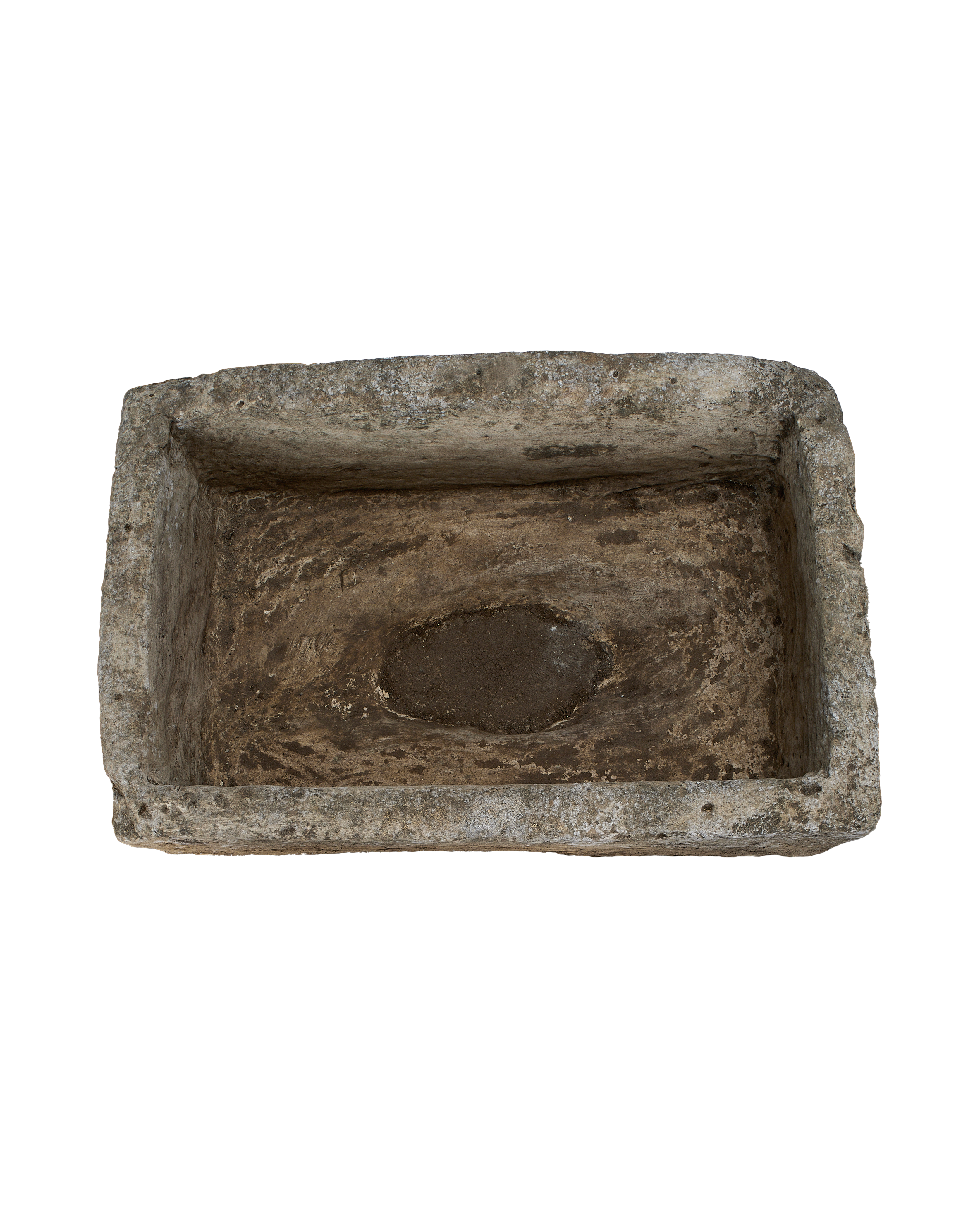 Vintage Indonesian limestone trough viewed from above, showing rectangular shape and weathered interior.