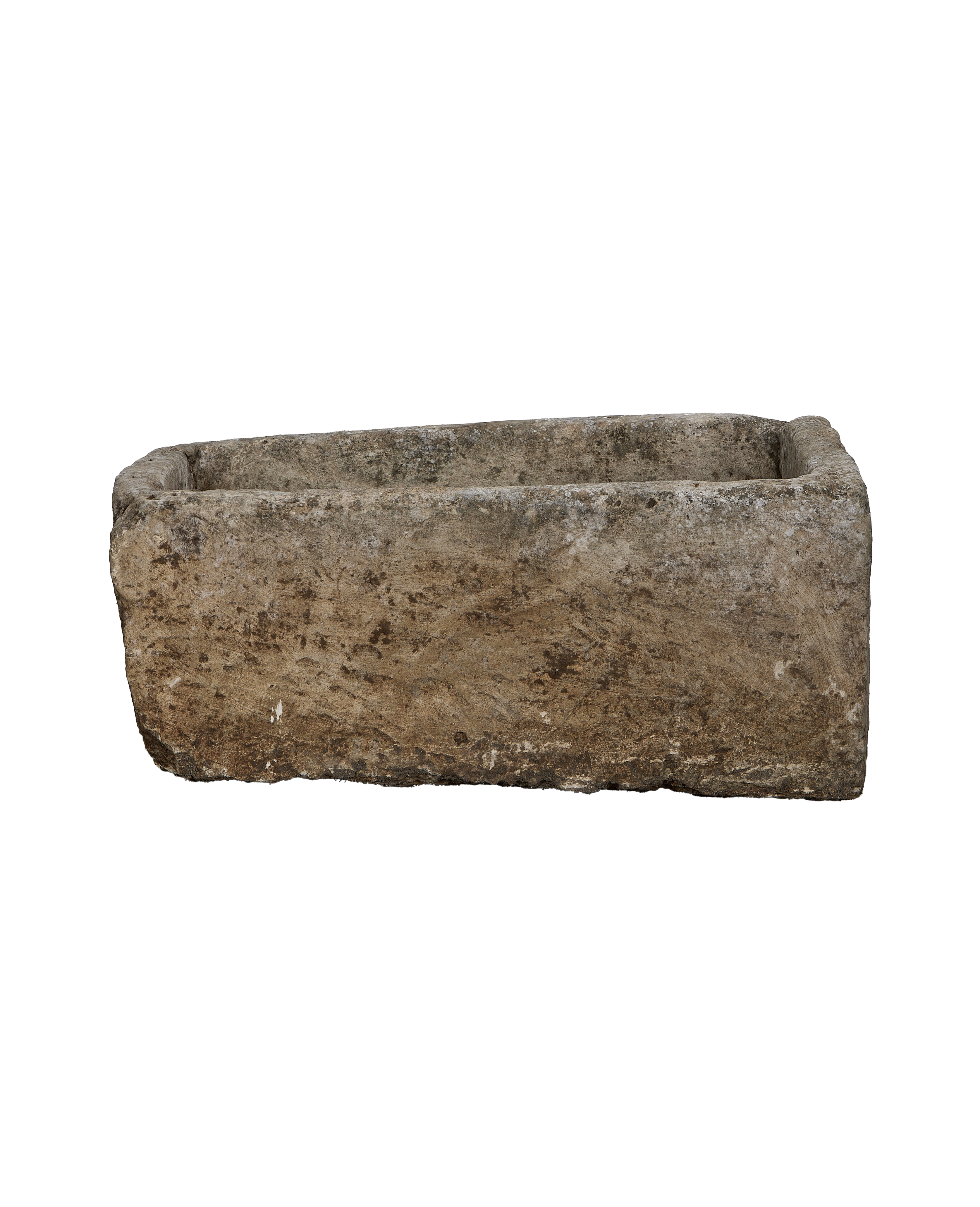 Vintage rectangular brown limestone trough from Indonesia, with weathered textured surface and rough edges.