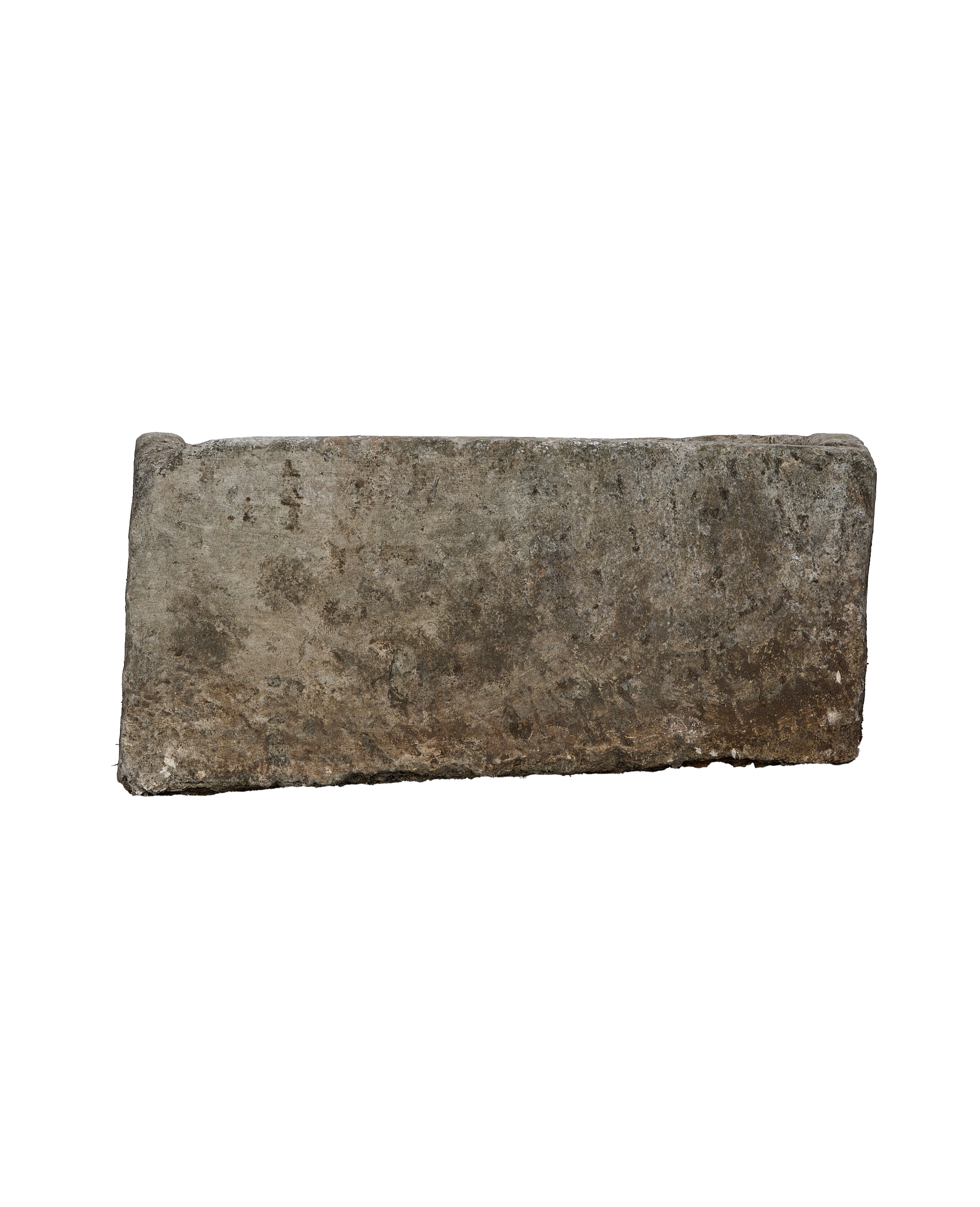 Vintage Indonesian rectangular limestone trough, close-up texture detail and weathered patina.