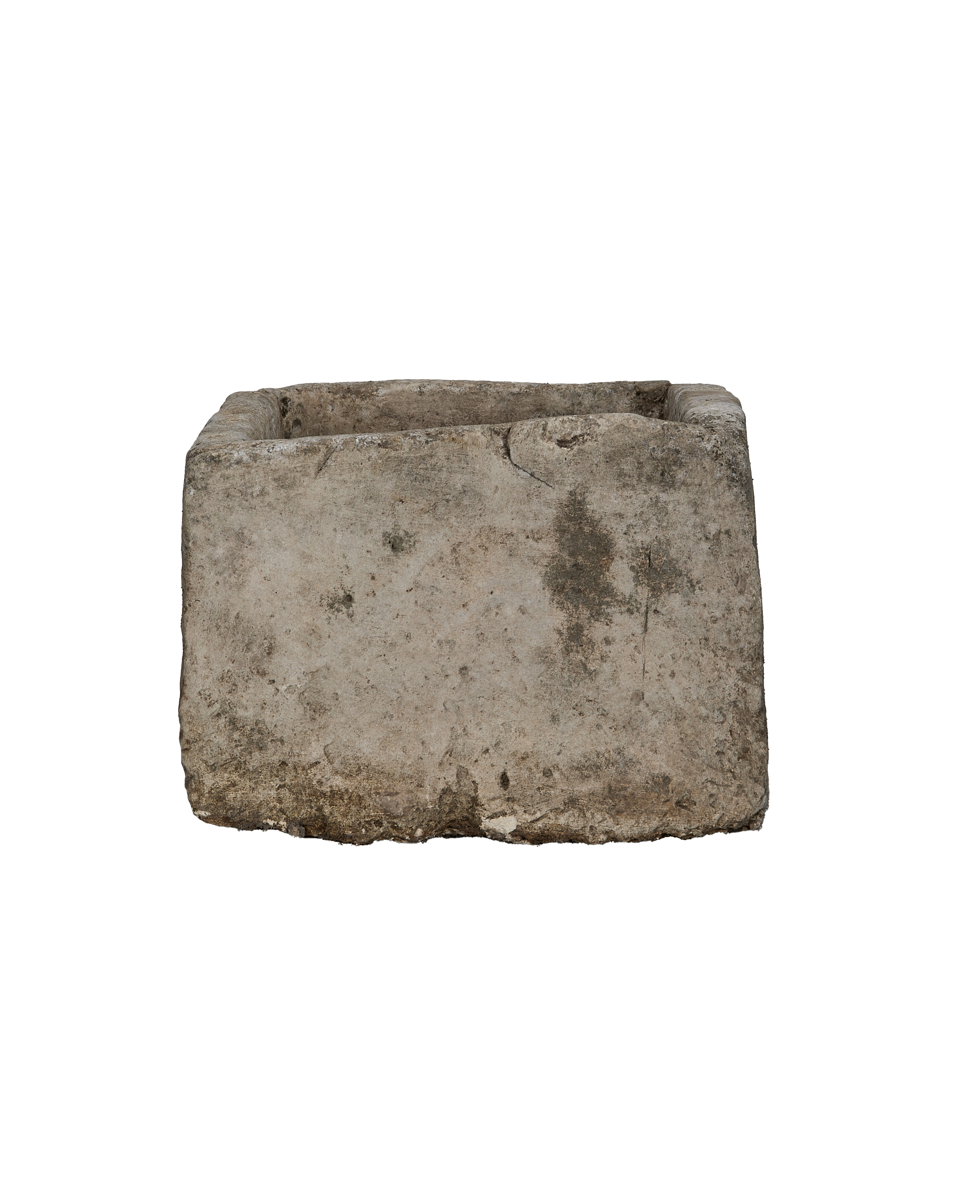 Vintage rectangular limestone trough, showing a side view with natural patina and textures.
