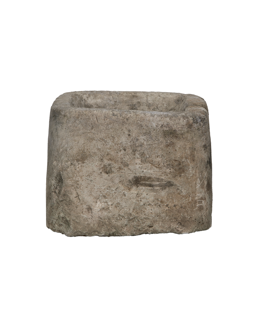 Vintage rectangular Indonesian limestone trough, OAK finish, showing rough weathered texture details.