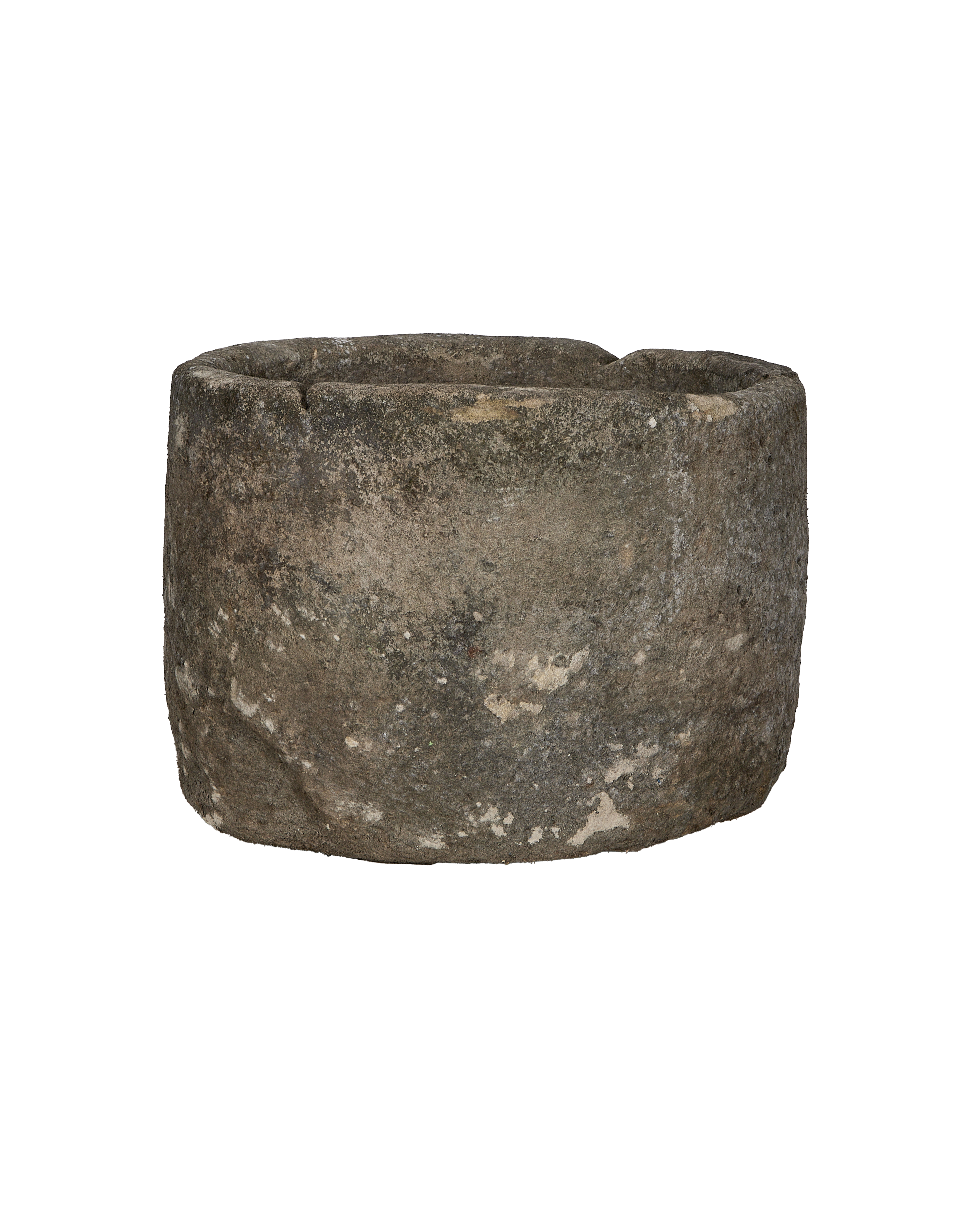 Vintage round Indonesian limestone trough, OAK finish, weathered surface.