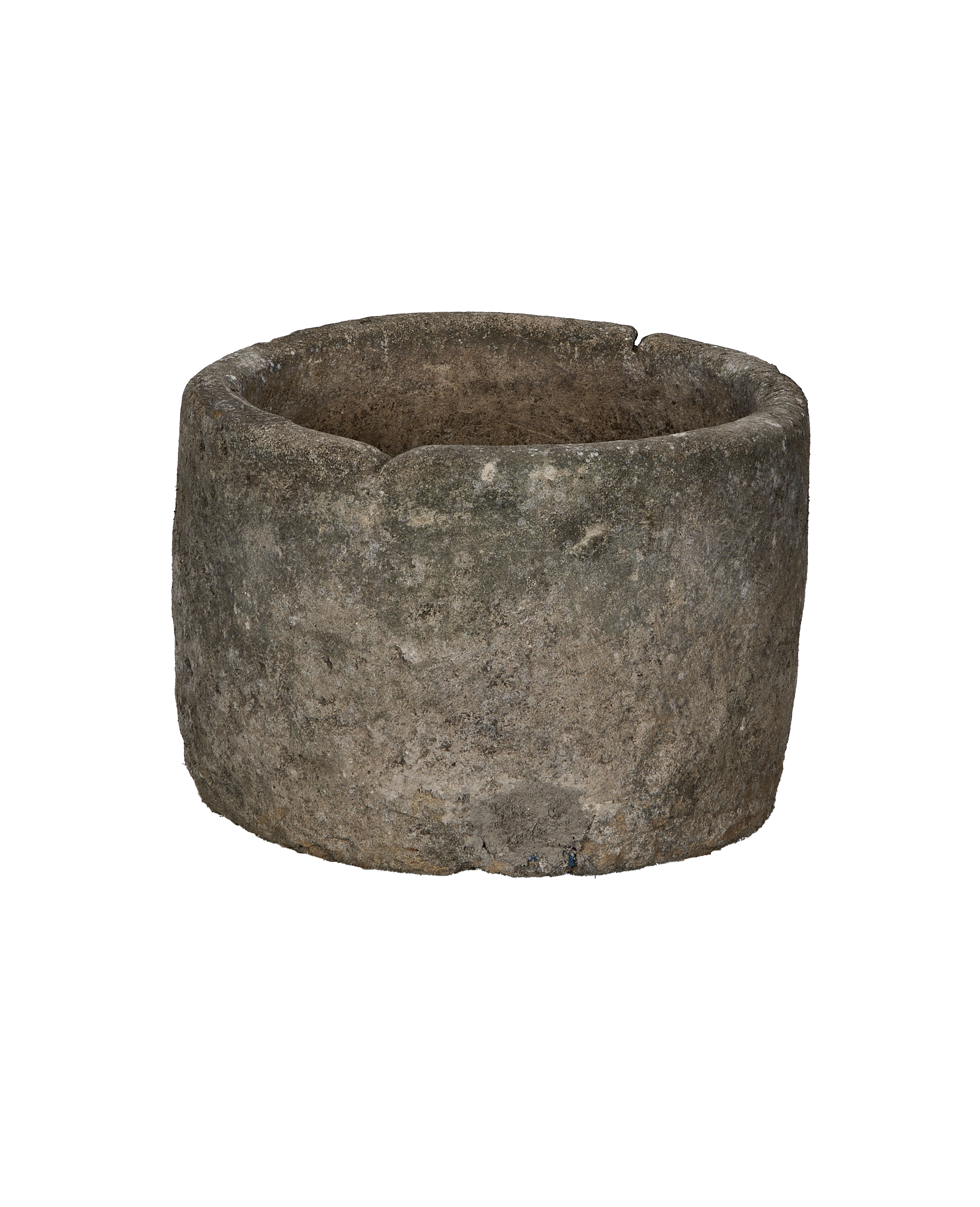 Vintage round Indonesian limestone trough, OAK construction, showing interior texture and aged patina.