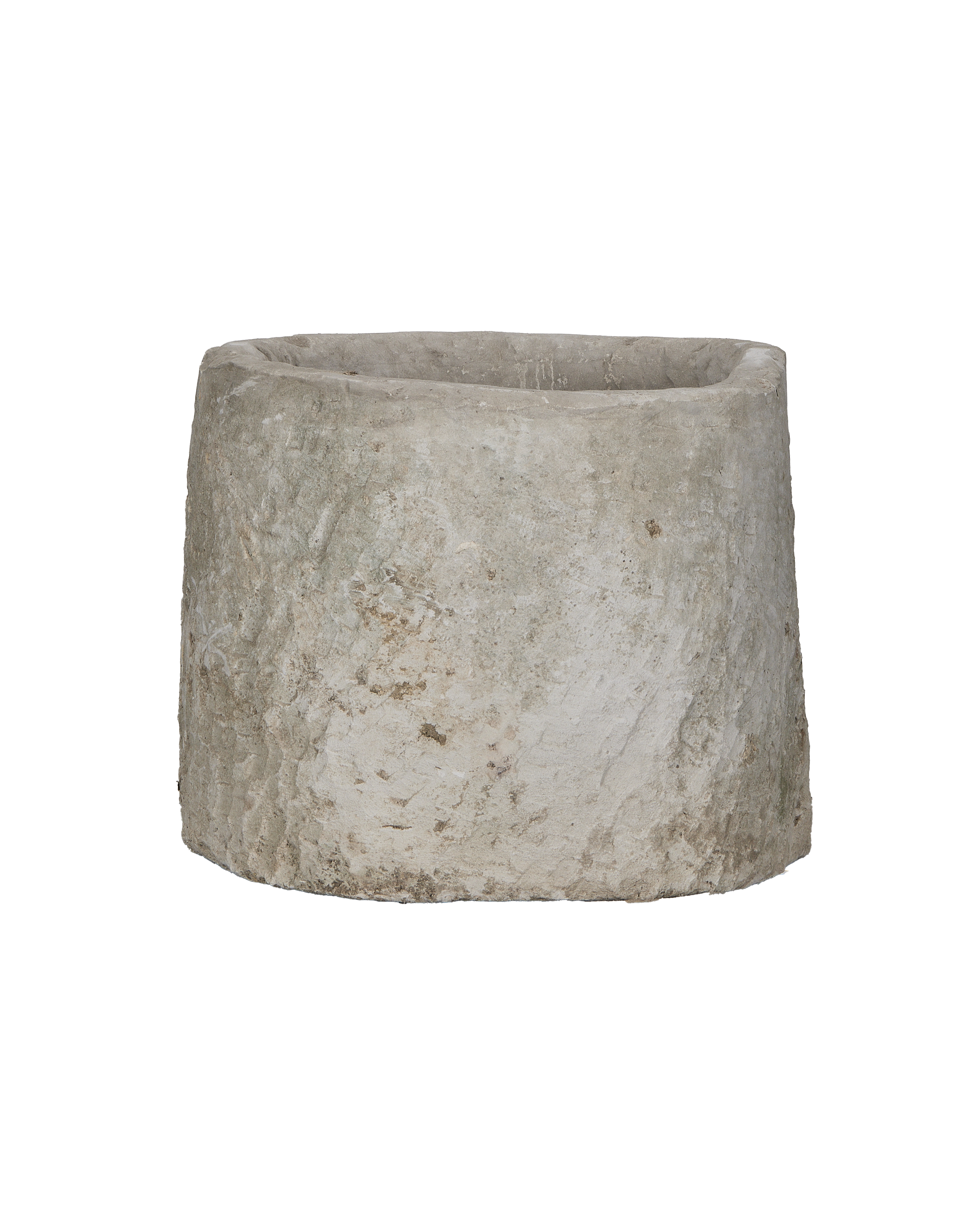 Vintage Indonesian round limestone trough, naturally weathered with textured grey finish.