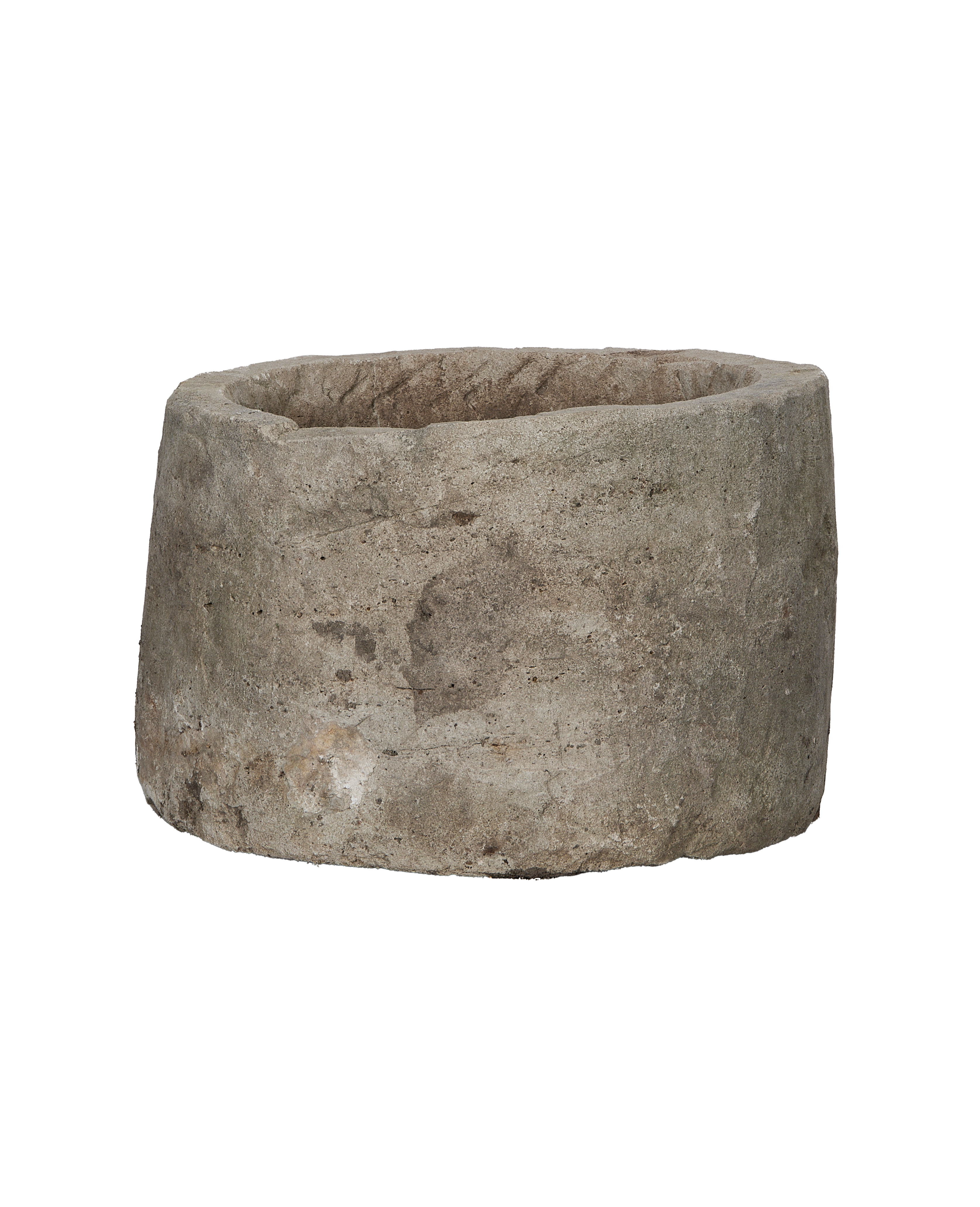 Vintage round limestone trough, Indonesian origin, with textured, weathered natural stone finish.