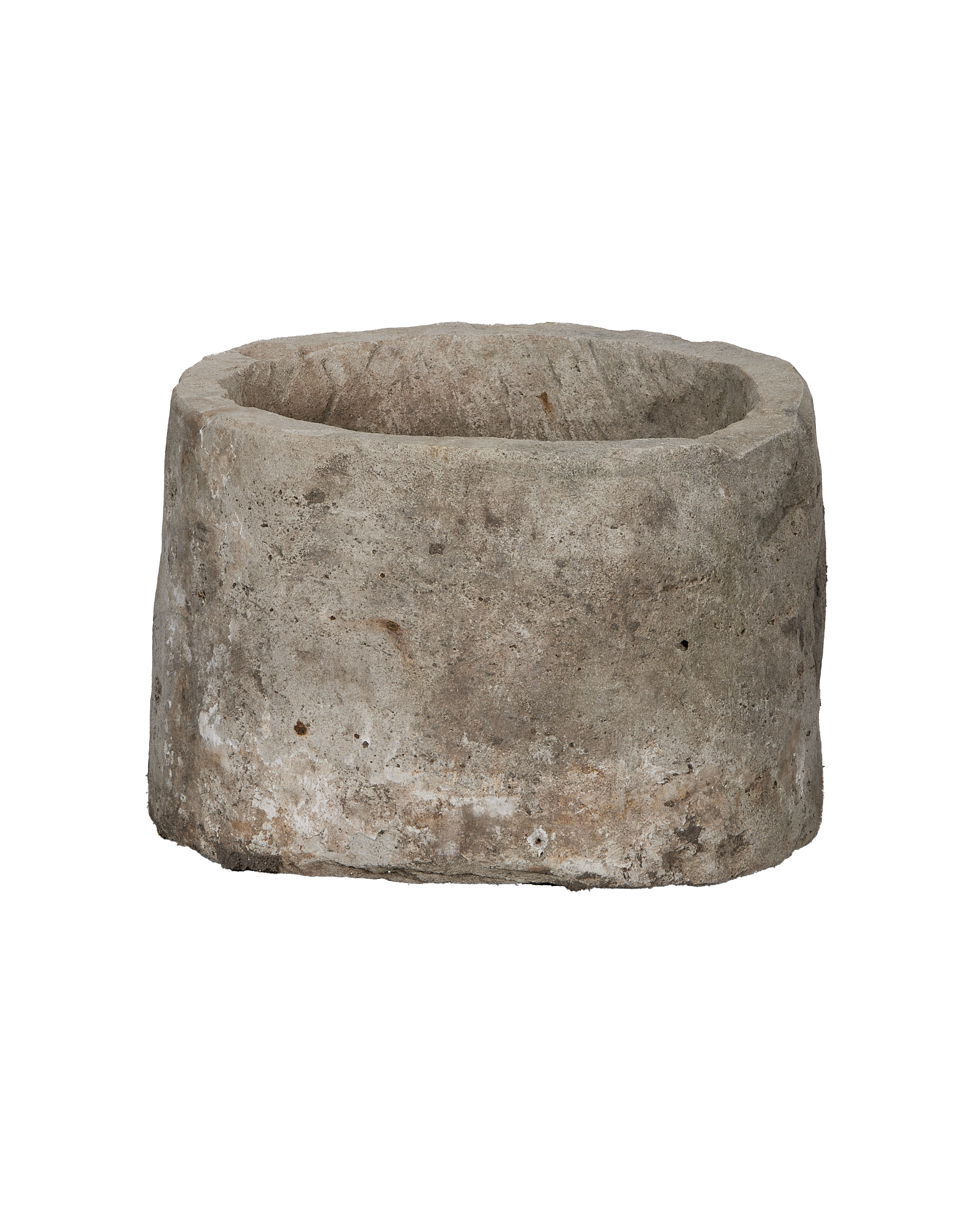 Vintage OAK Indonesian round limestone trough, side profile, distressed texture, rustic charm.
