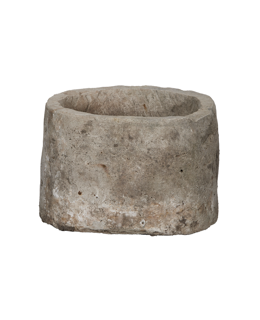 Vintage OAK Indonesian round limestone trough, side profile, distressed texture, rustic charm.