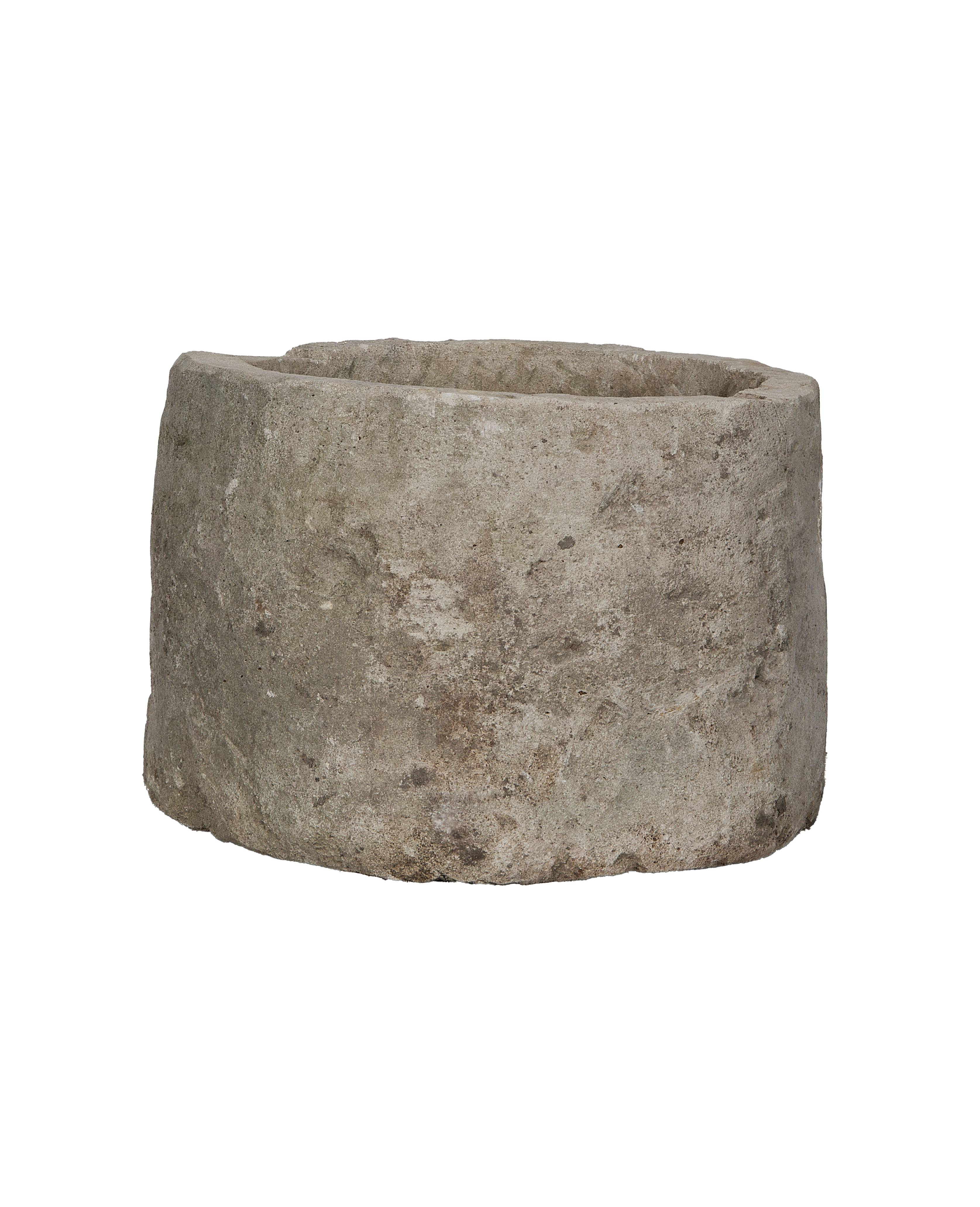 Vintage round limestone trough, showing the rough worn texture and sturdy, authentic patina.