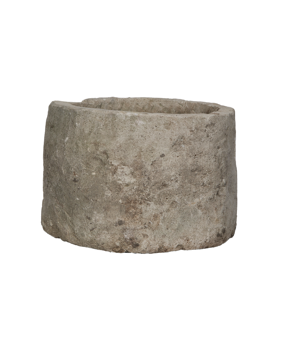 Vintage round limestone trough, showing the rough worn texture and sturdy, authentic patina.