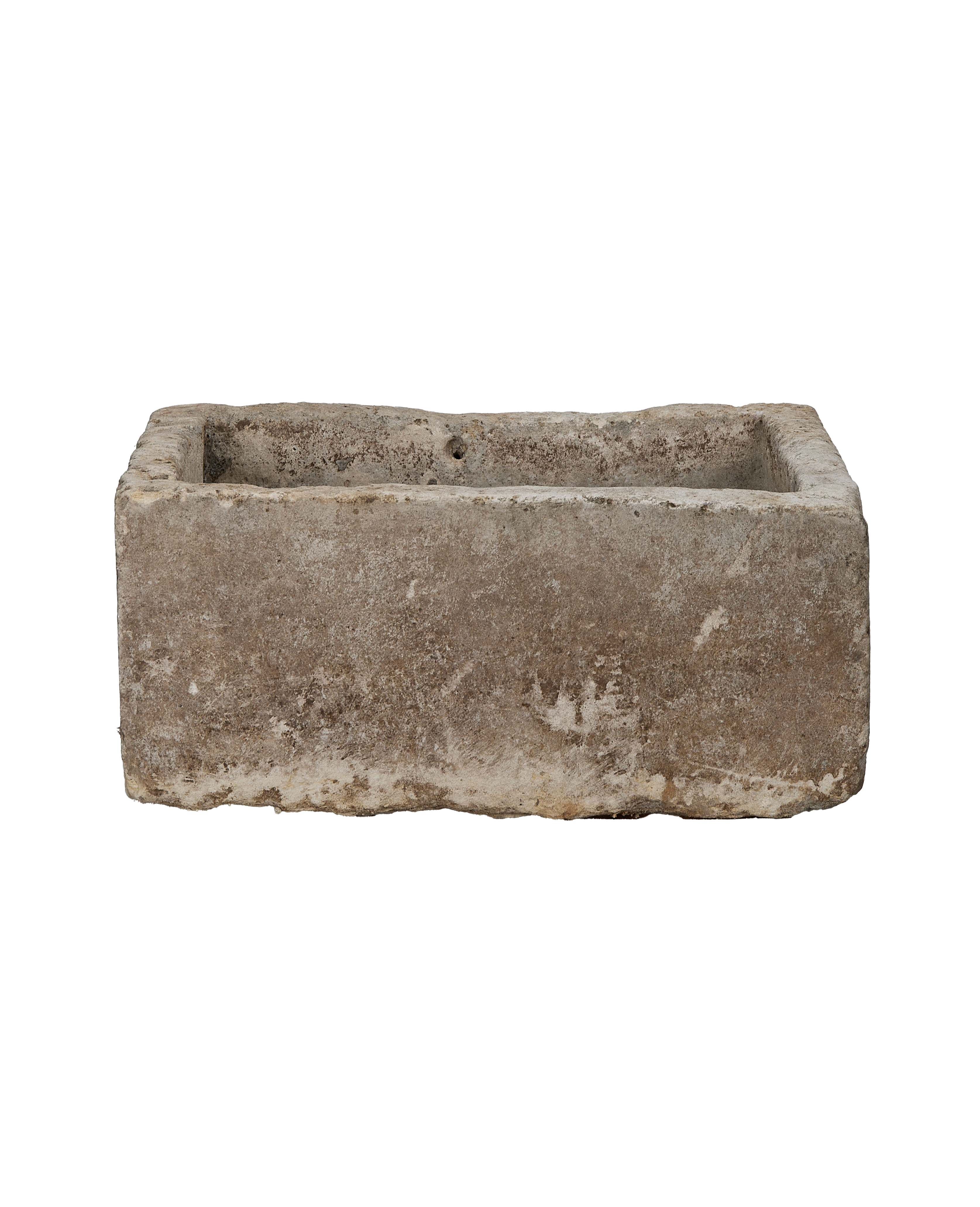 Vintage Indonesian rectangular limestone trough, rustic weathered finish, front view.