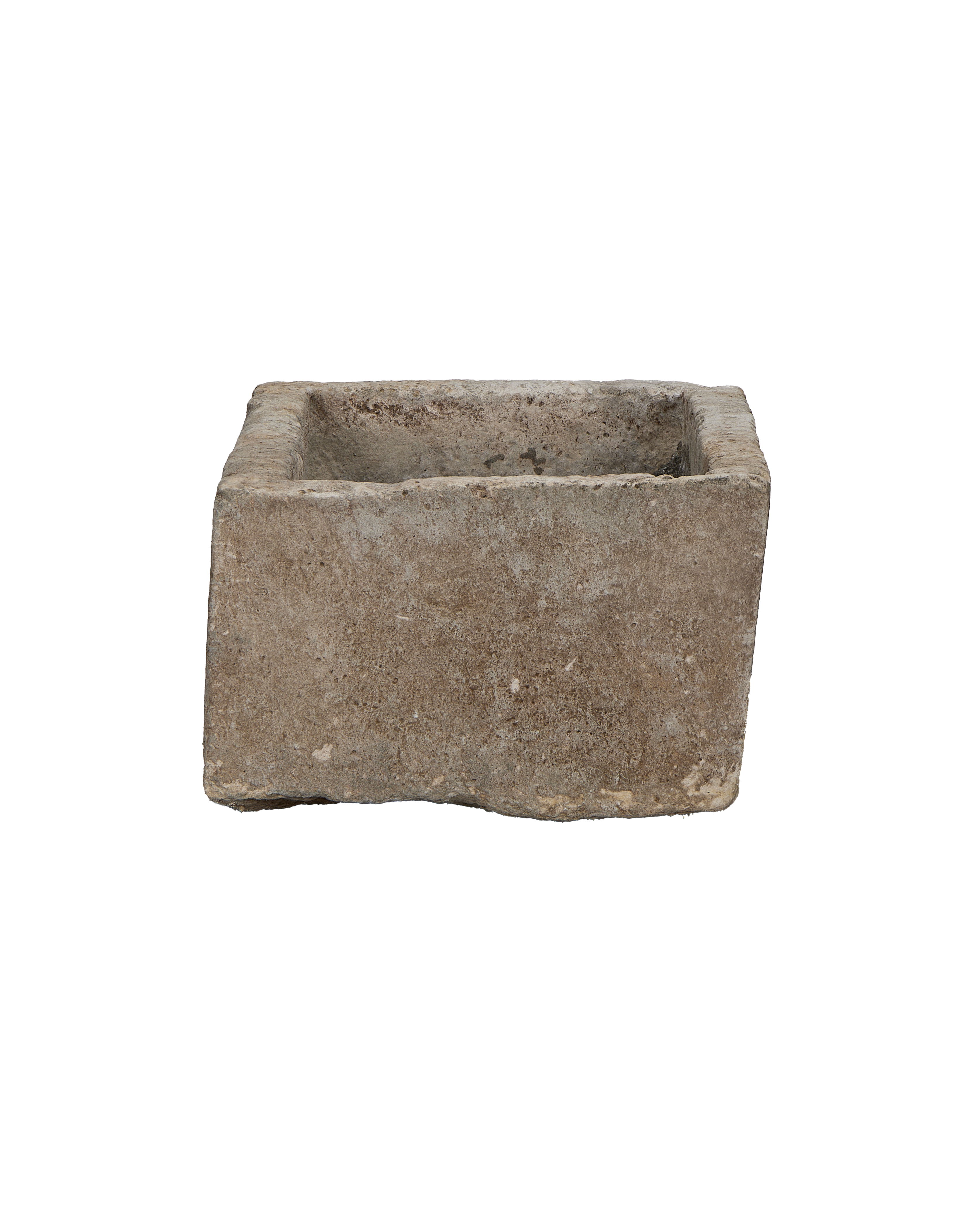 Vintage Indonesian gray limestone trough, side profile showcasing textured weathered patin
a.