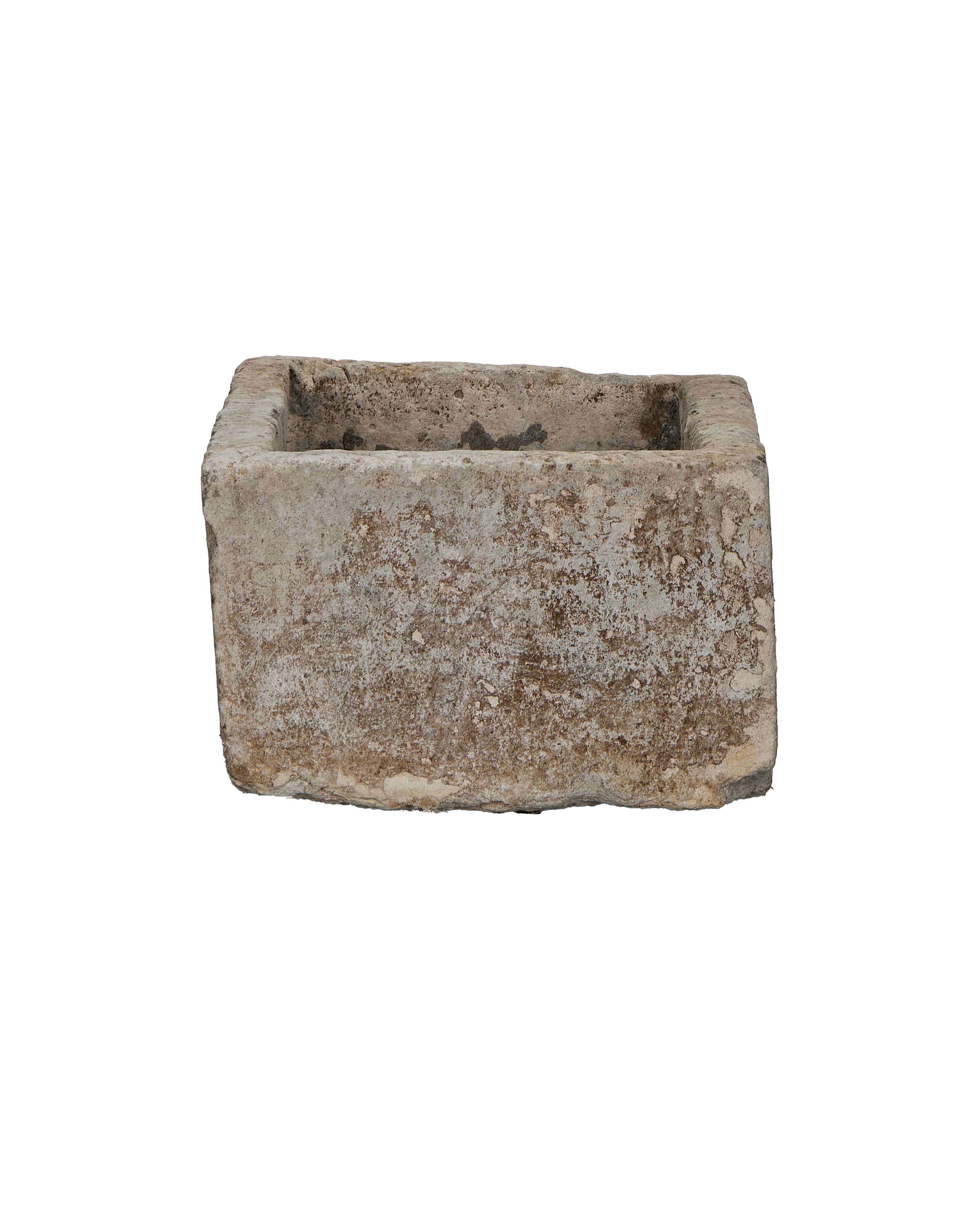 Vintage Indonesian limestone trough (Oak), showcasing rustic texture on its weathered, rectangular side.