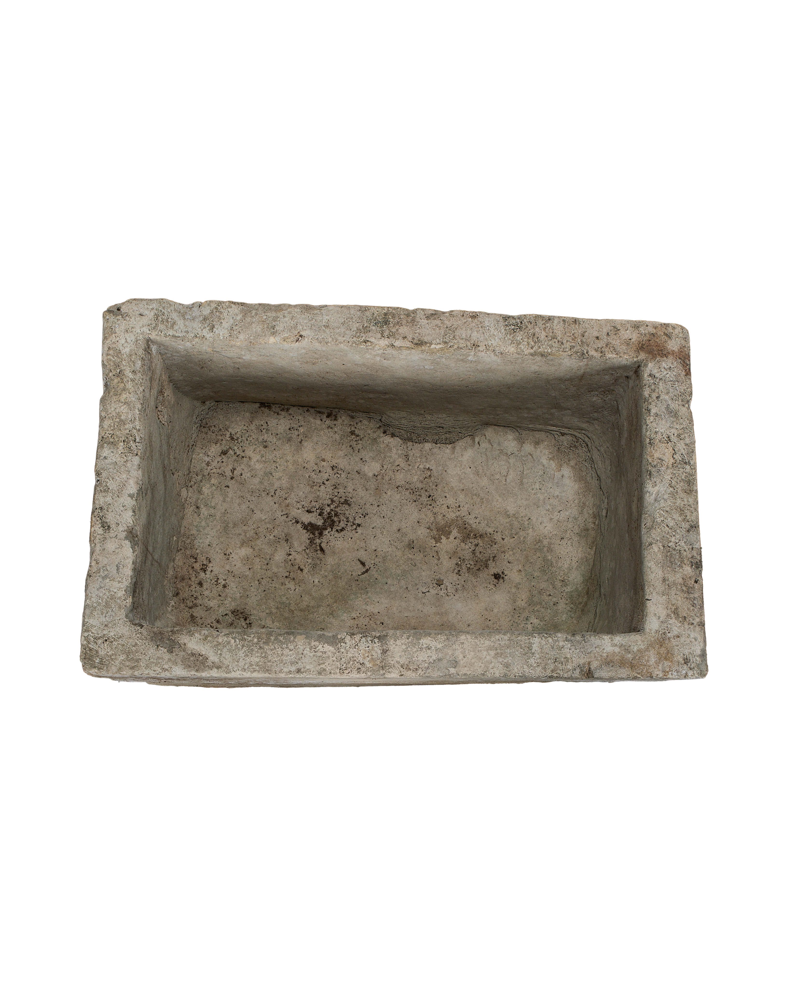 Vintage rectangular limestone trough, overhead view showing varied interior texture and weathered patina.