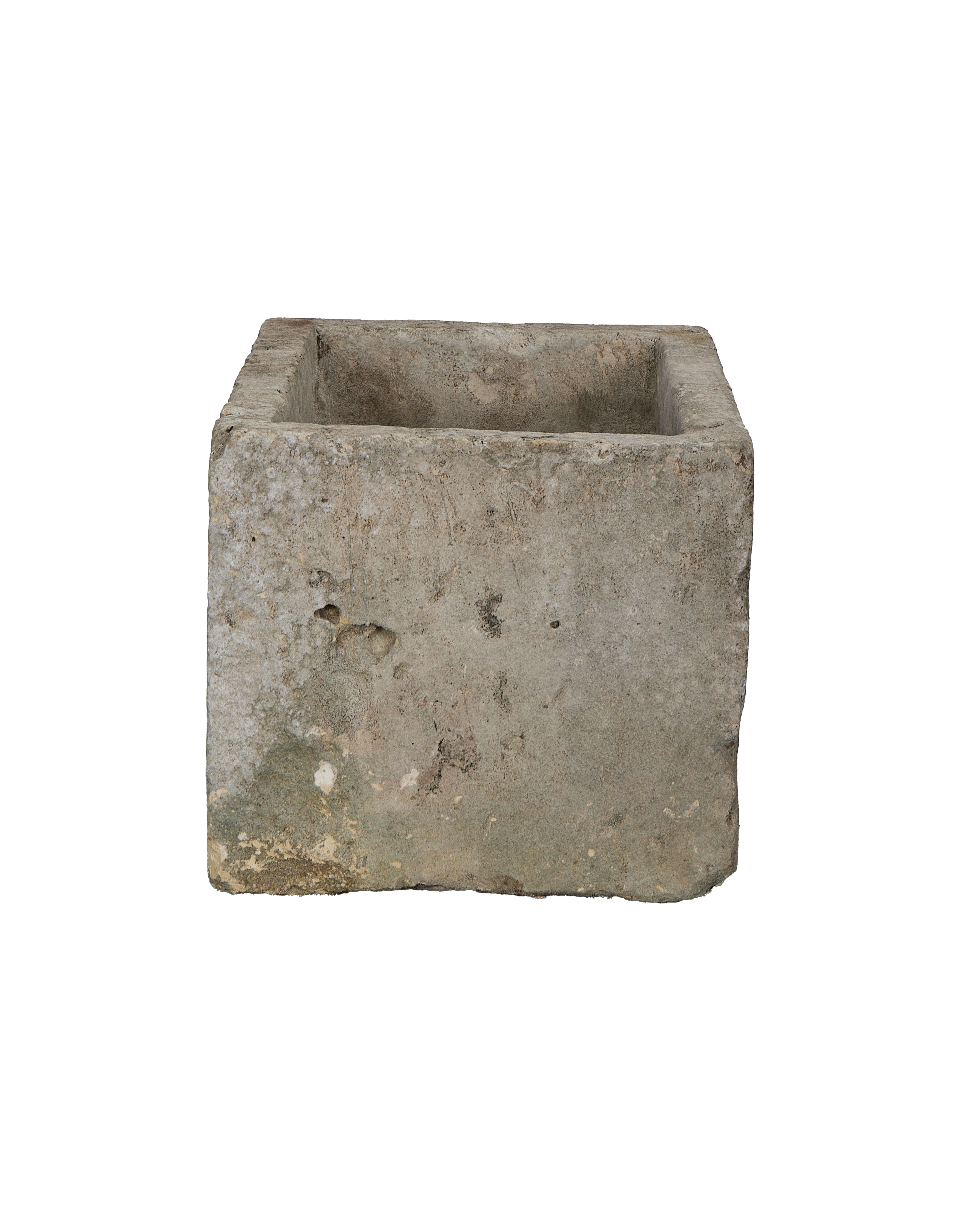 Vintage limestone trough from Indonesia, showing a rectangular open top with textured, weathered sides.