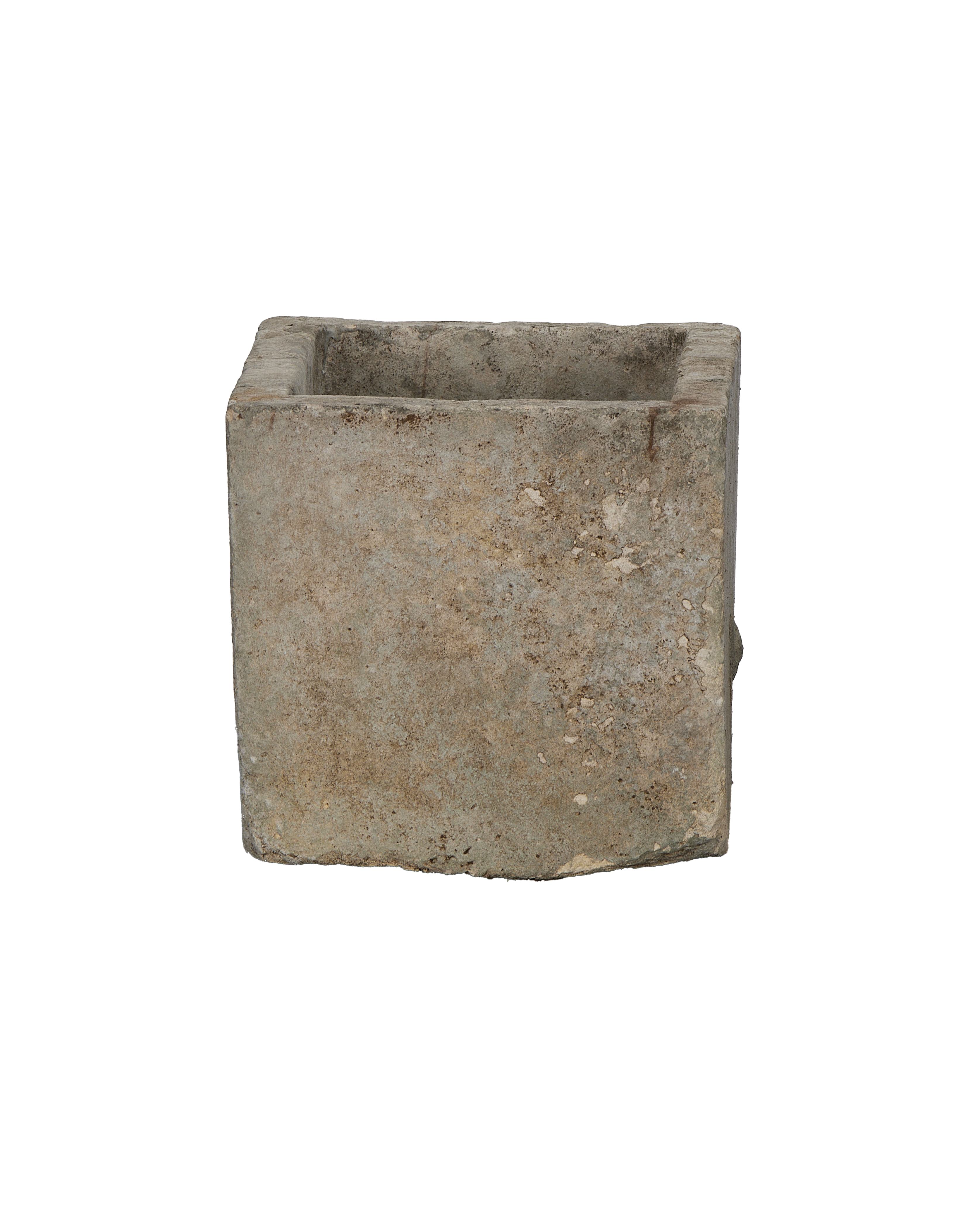 Vintage Indonesian limestone trough, OAK rectangle, top-down view showing interior and rough texture.