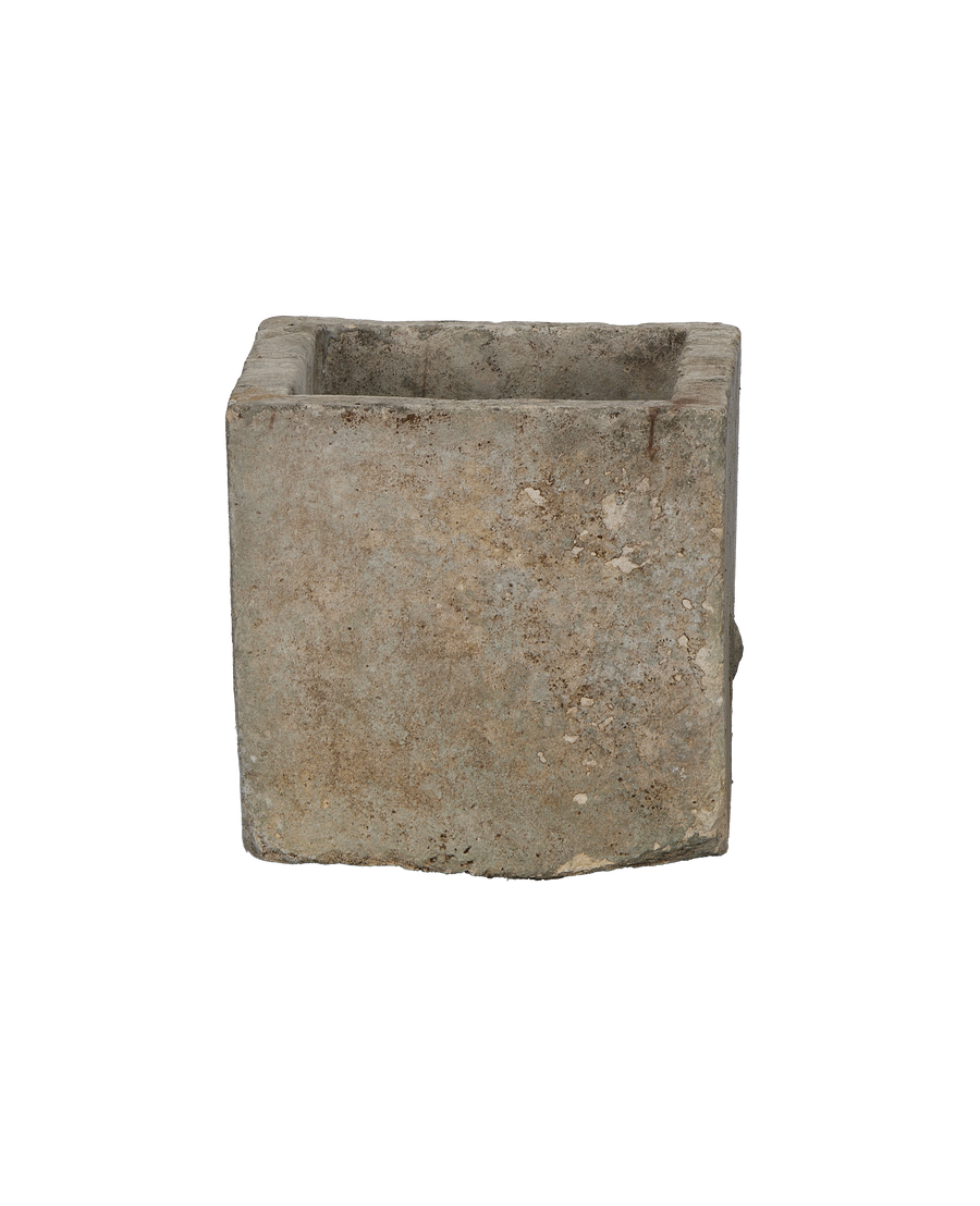 Vintage Indonesian limestone trough, OAK rectangle, top-down view showing interior and rough texture.