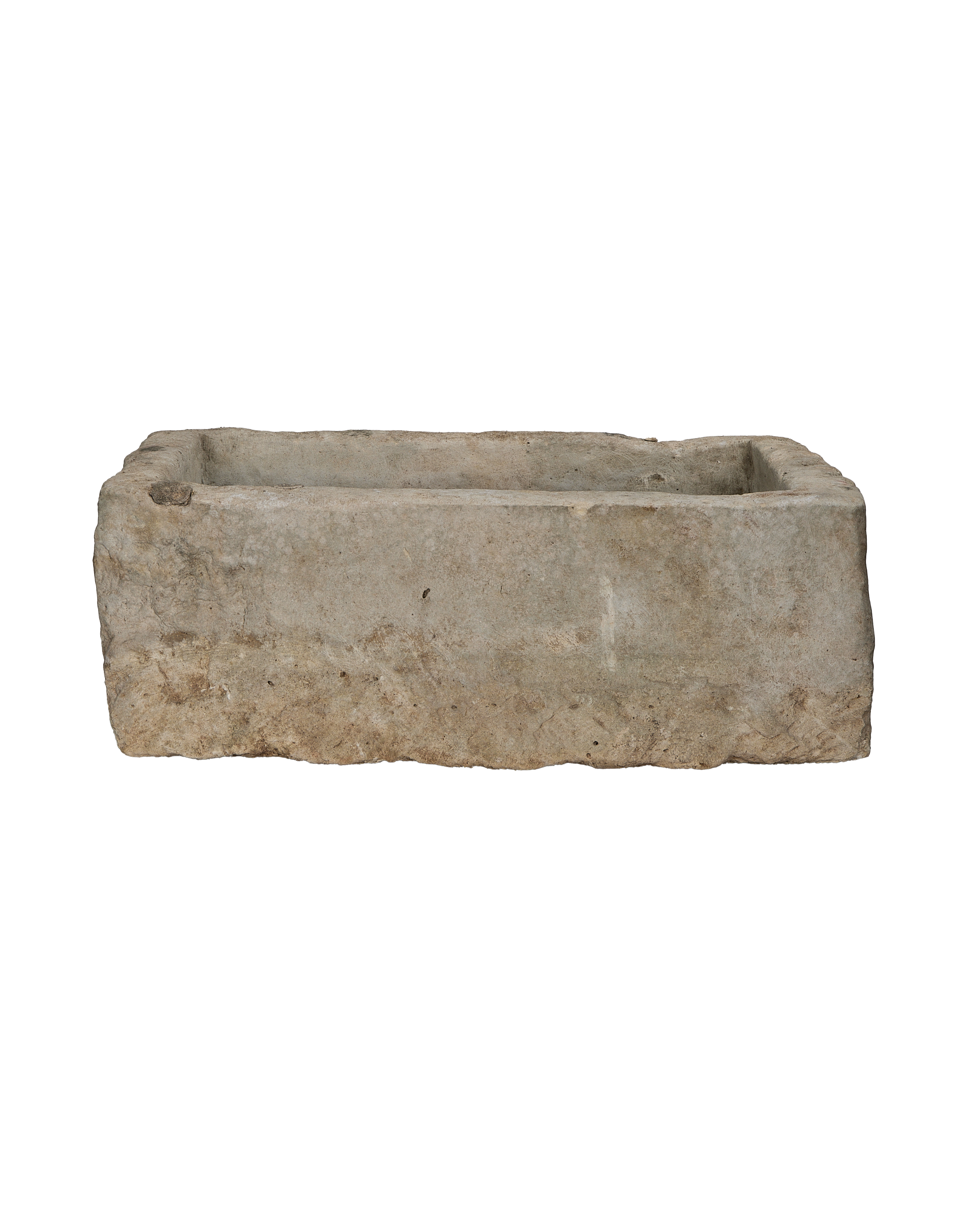 Vintage rectangular limestone trough, weathered gray concrete texture, from Indonesia, for garden or patio.