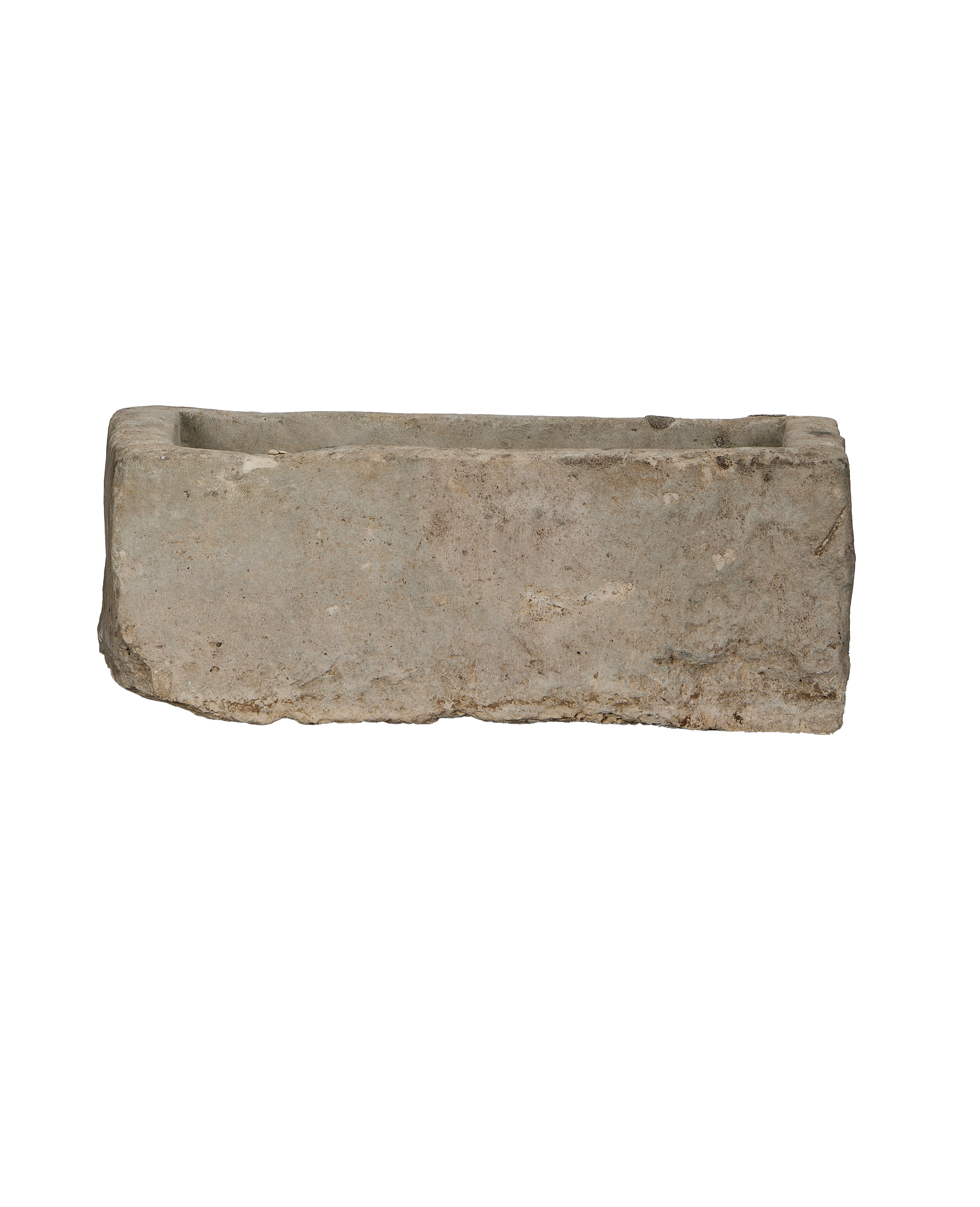 Vintage Indonesian rectangular limestone trough, bottom details show natural rough hewn texture.