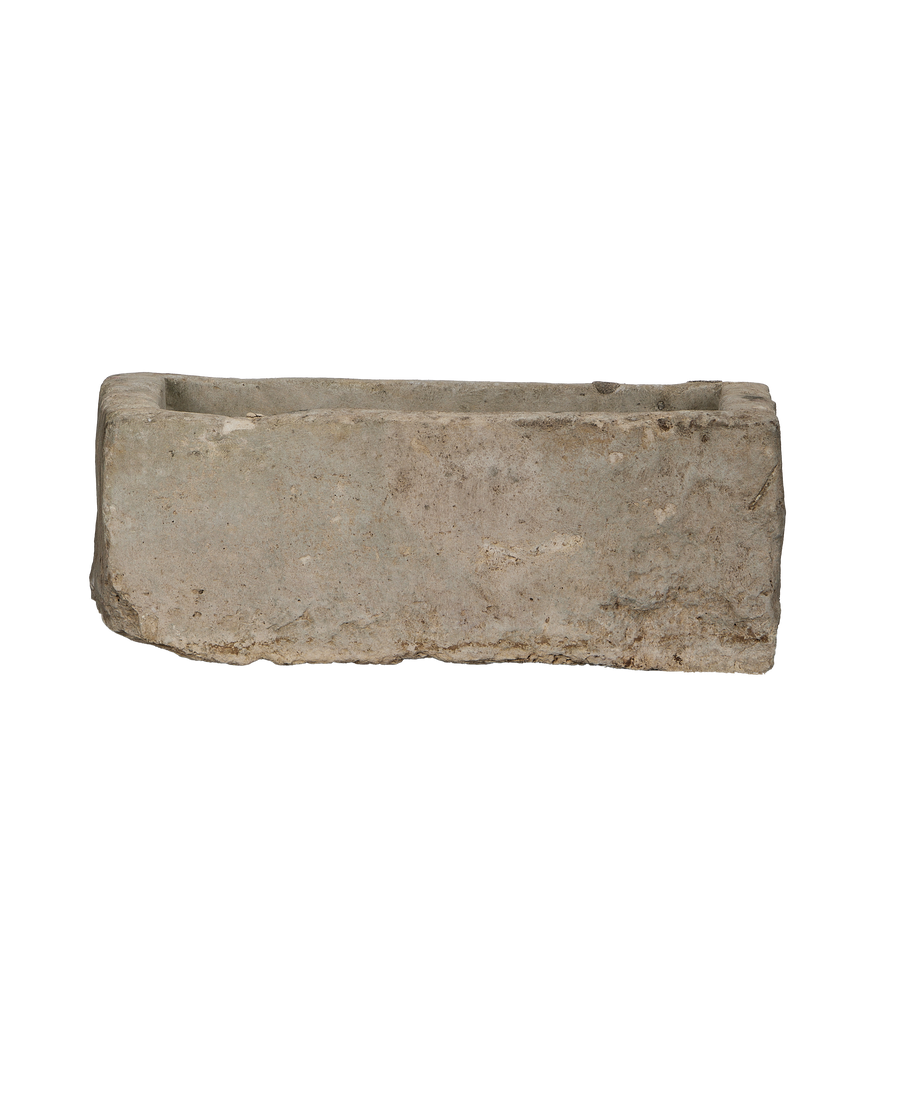 Vintage Indonesian rectangular limestone trough, bottom details show natural rough hewn texture.