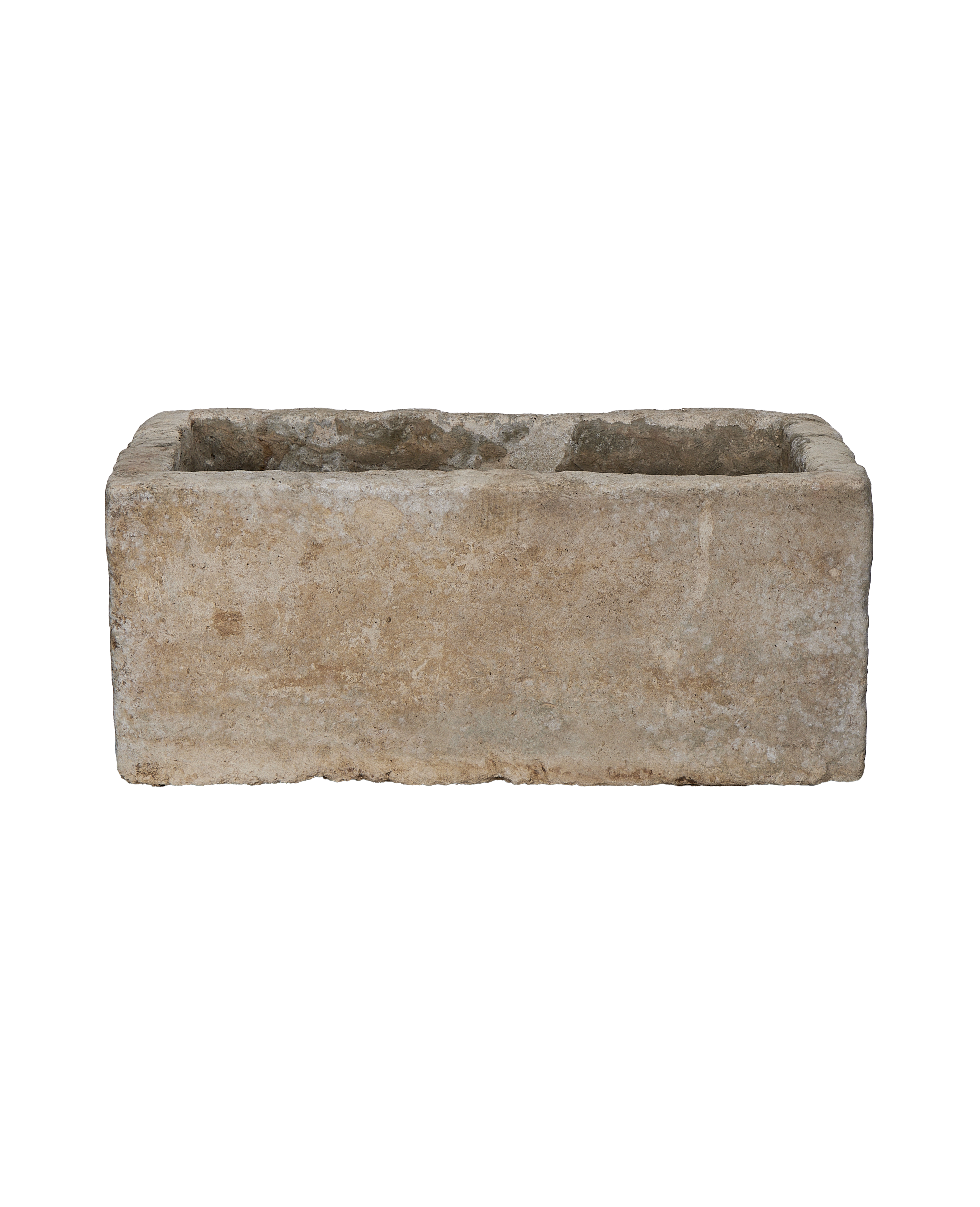 Vintage rectangular limestone trough, light gray with natural weathered texture, facing forward.