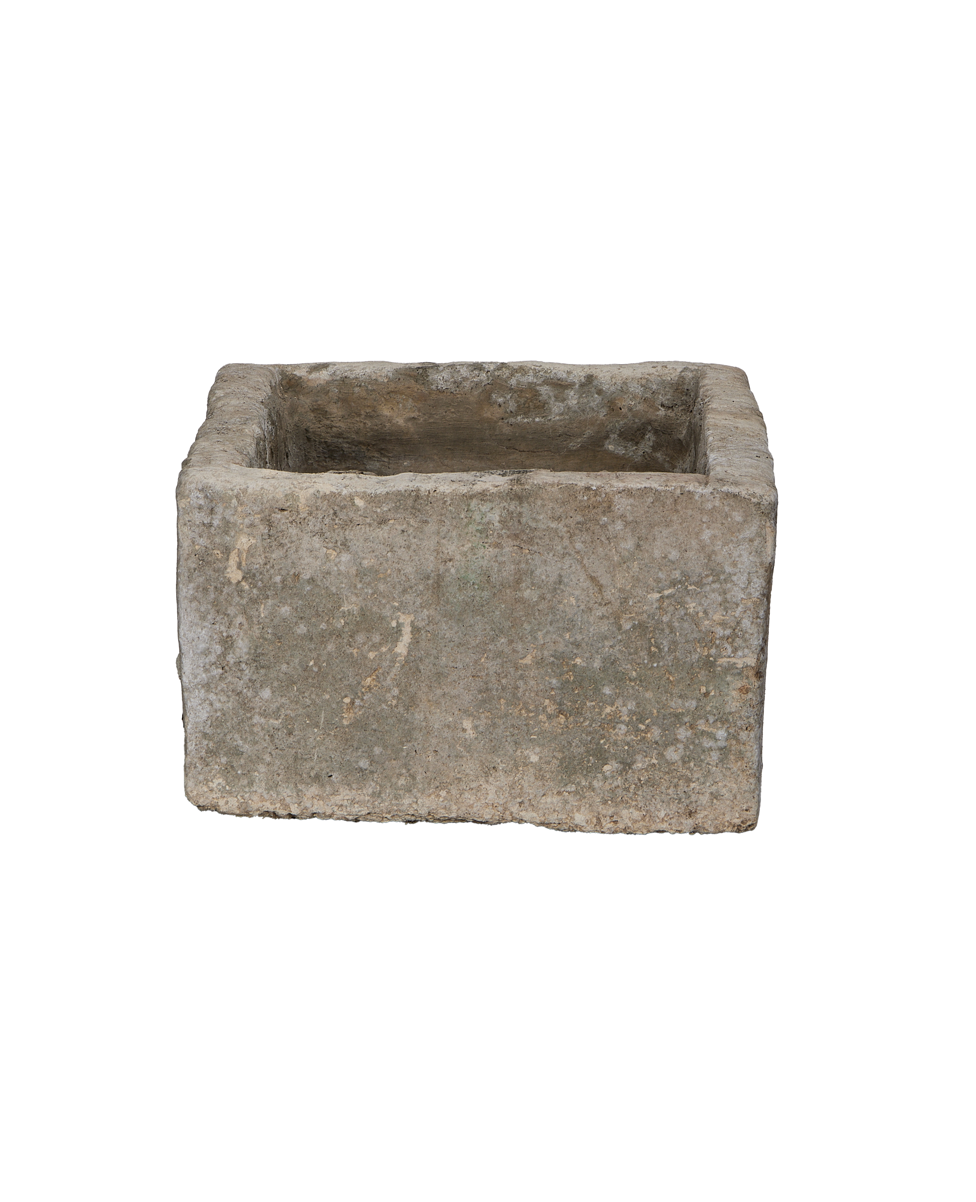 Vintage rectangular Indonesian OAK limestone trough with weathered grey exterior, top-down view.