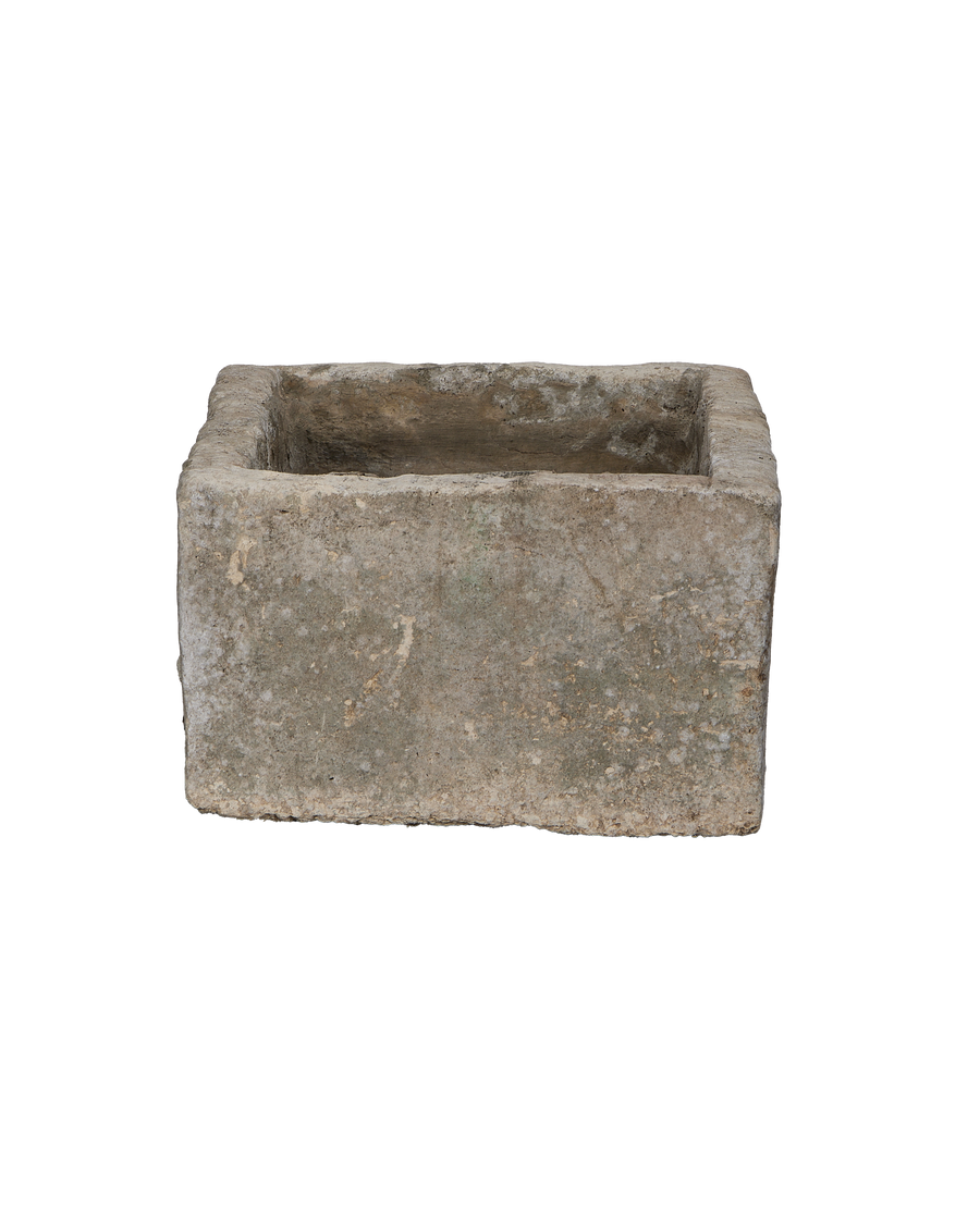 Vintage rectangular Indonesian OAK limestone trough with weathered grey exterior, top-down view.