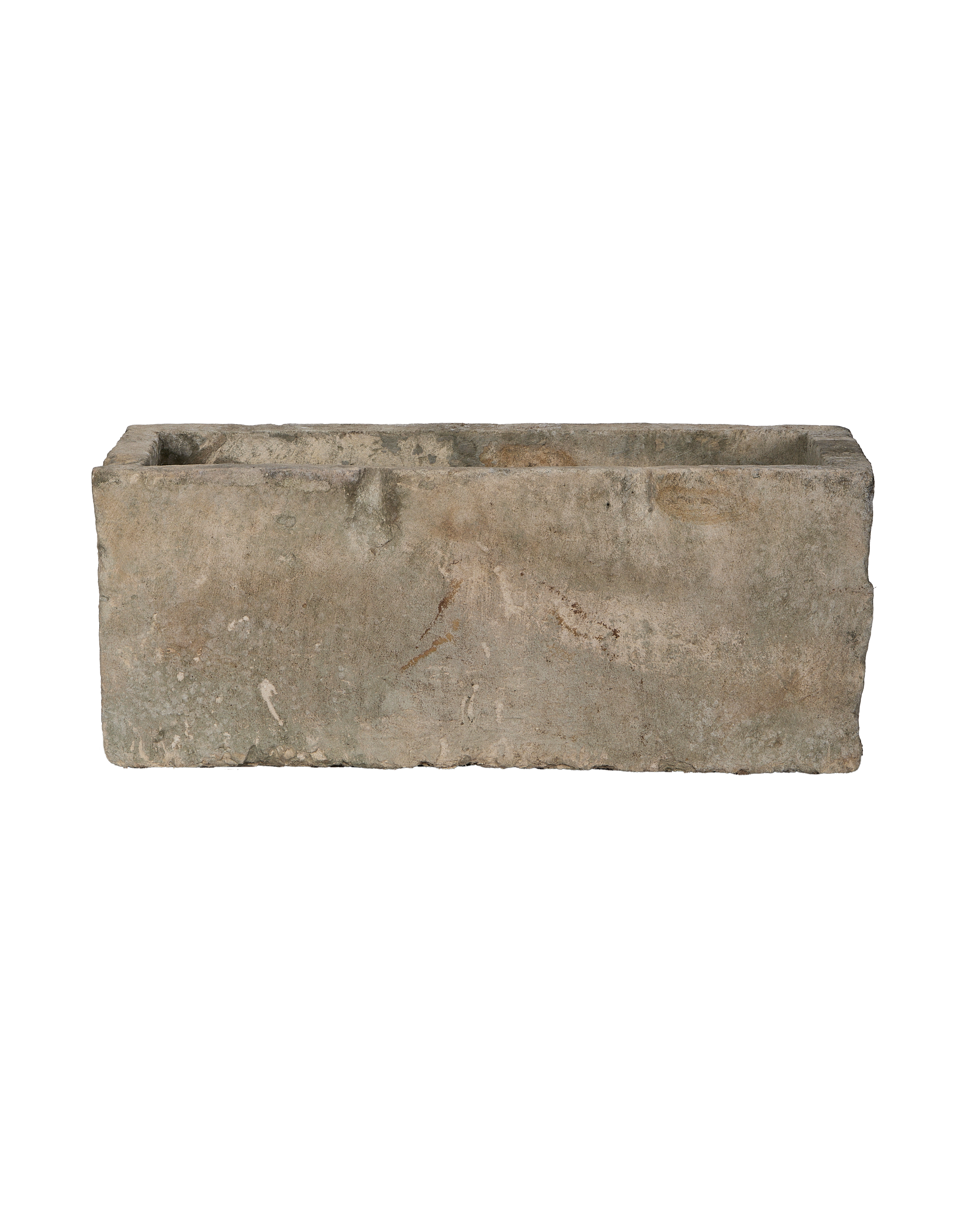 Vintage rectangular Indonesian limestone trough with weathered natural patina, 8-15 words.