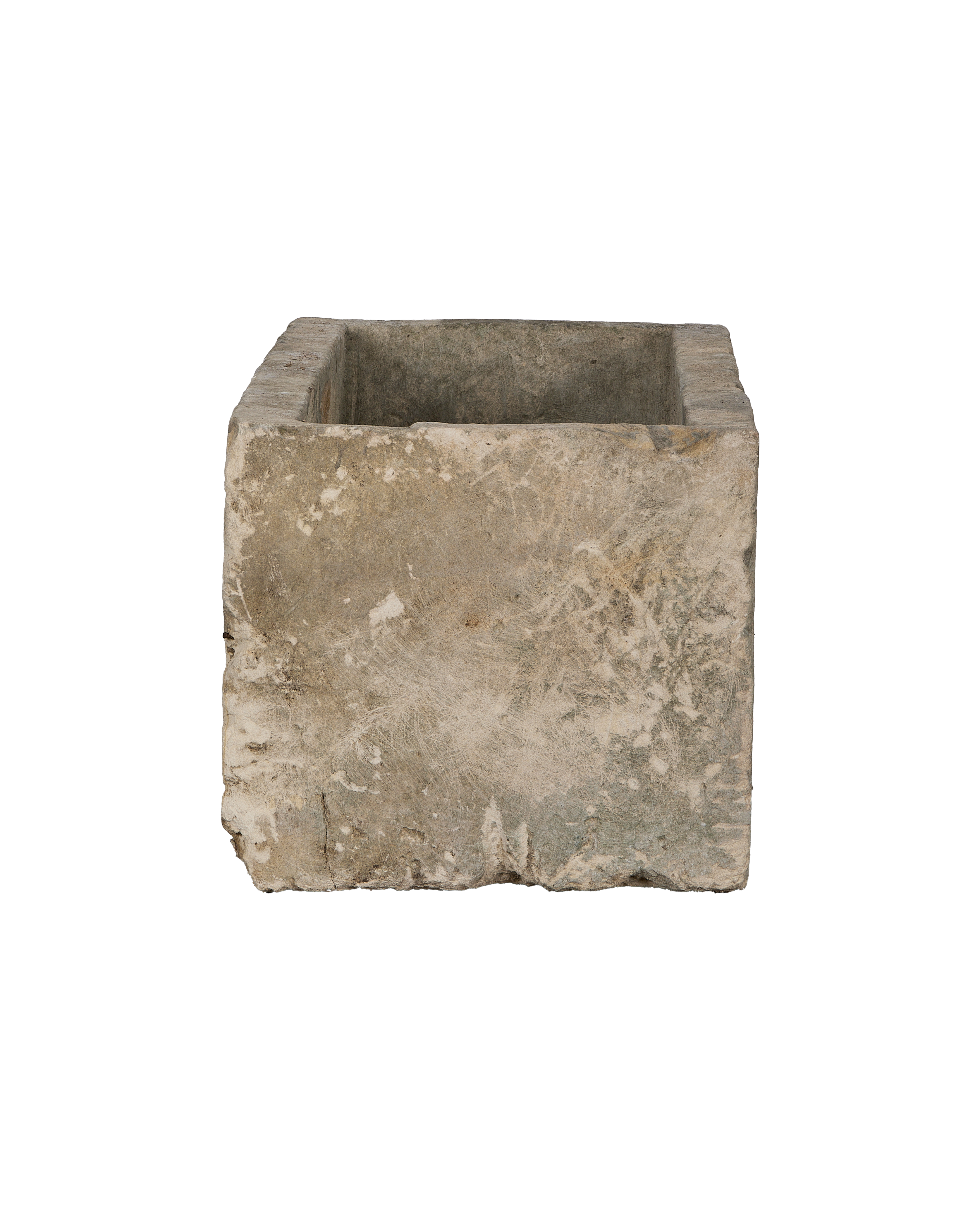 Vintage Indonesian limestone trough, OAK rectangle, showing top opening and weathered texture.