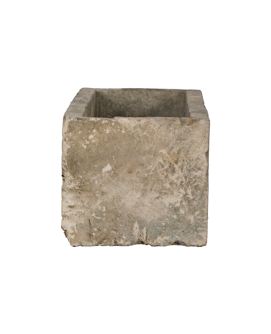 Vintage Indonesian limestone trough, OAK rectangle, showing top opening and weathered texture.