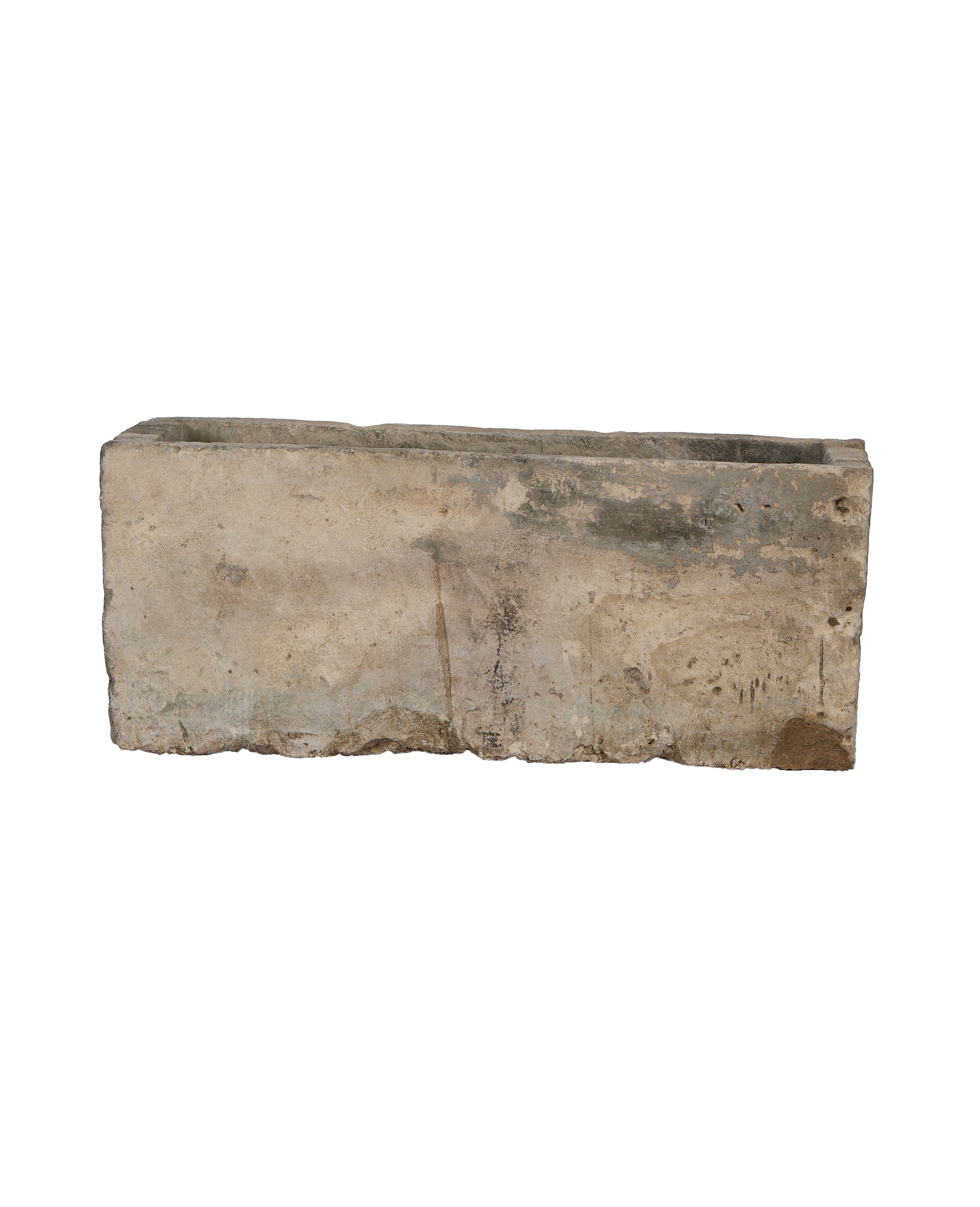 Vintage rectangular limestone planter trough from Indonesia, weathered with natural imperfections.