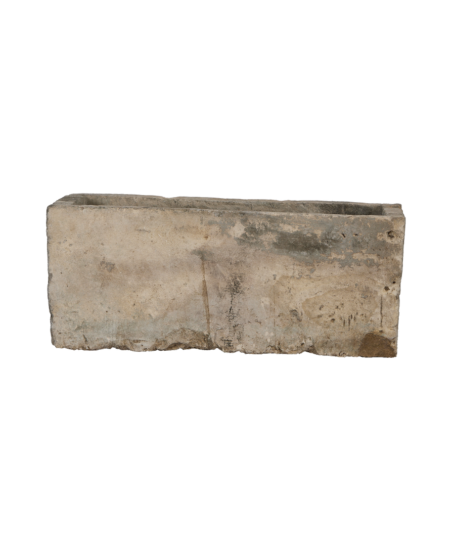 Vintage rectangular limestone planter trough from Indonesia, weathered with natural imperfections.