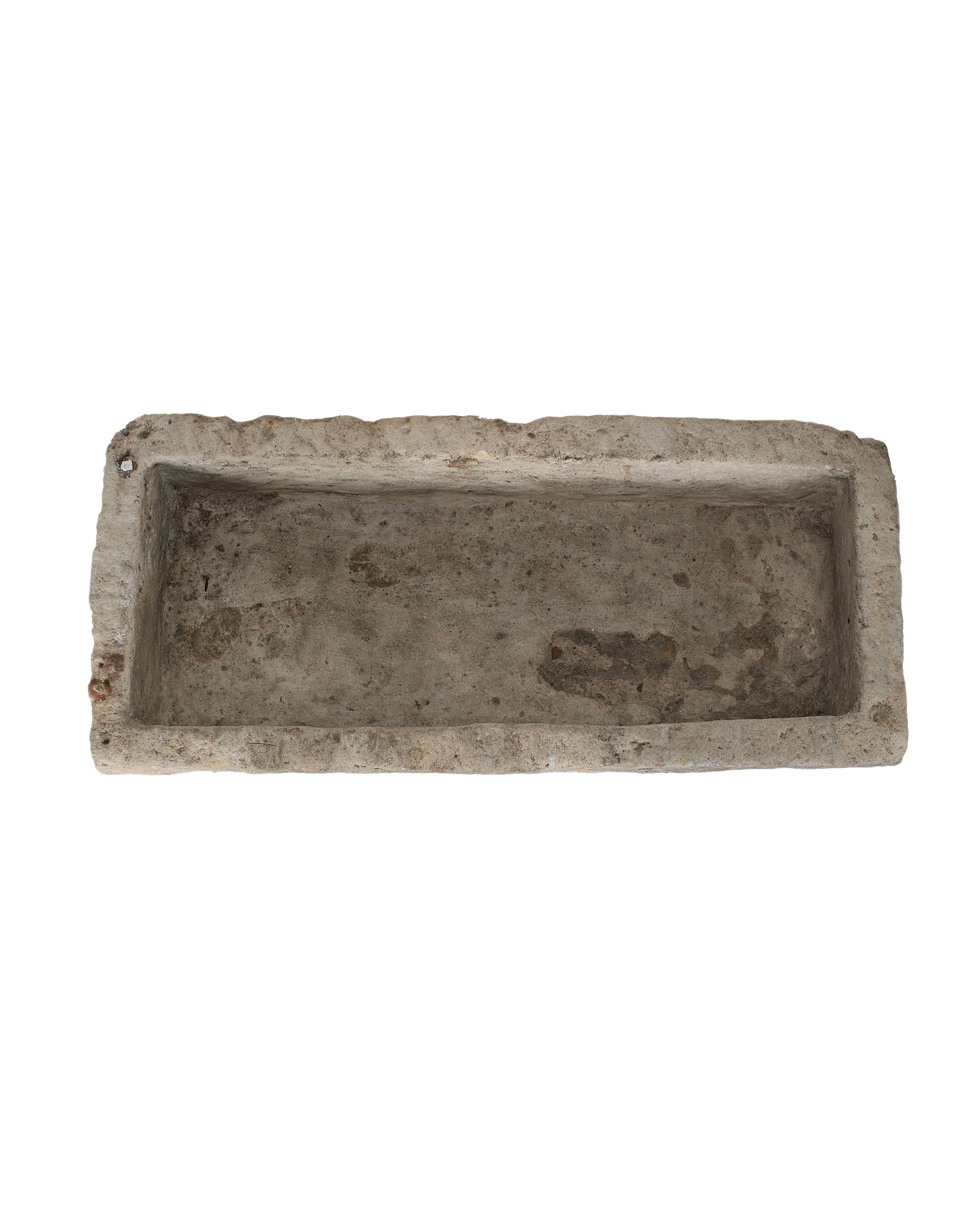 Vintage Indonesian limestone trough, top-down view highlighting the textured rectangular interior.