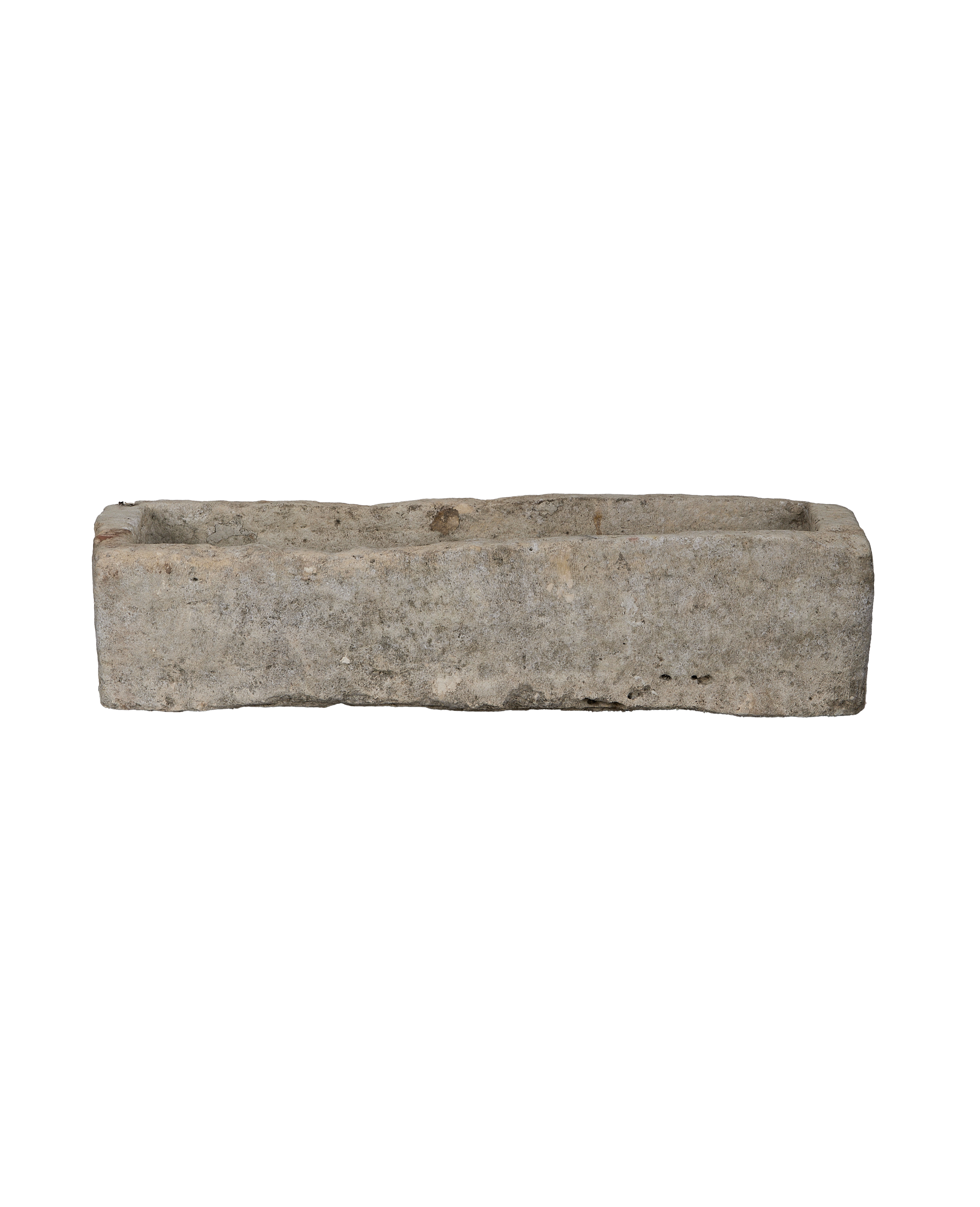 Vintage rectangular limestone trough, weathered gray, from Indonesia, top-down view.