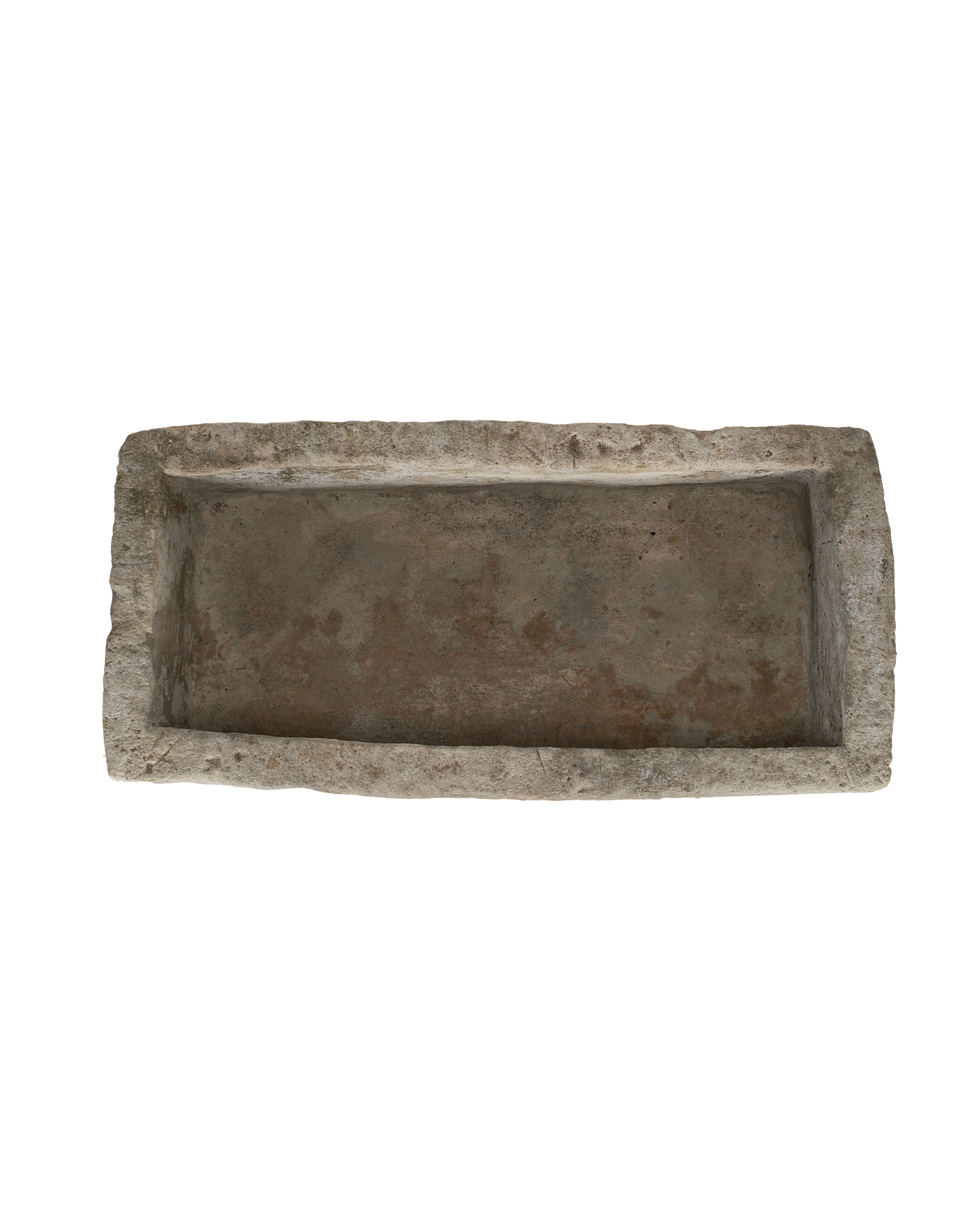 Vintage rectangle limestone trough, distressed texture, Indonesia antique planter top-down view.