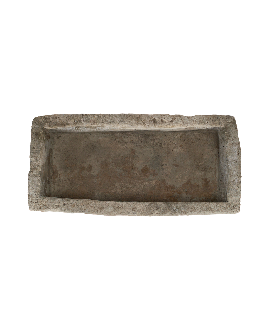 Vintage rectangle limestone trough, distressed texture, Indonesia antique planter top-down view.
