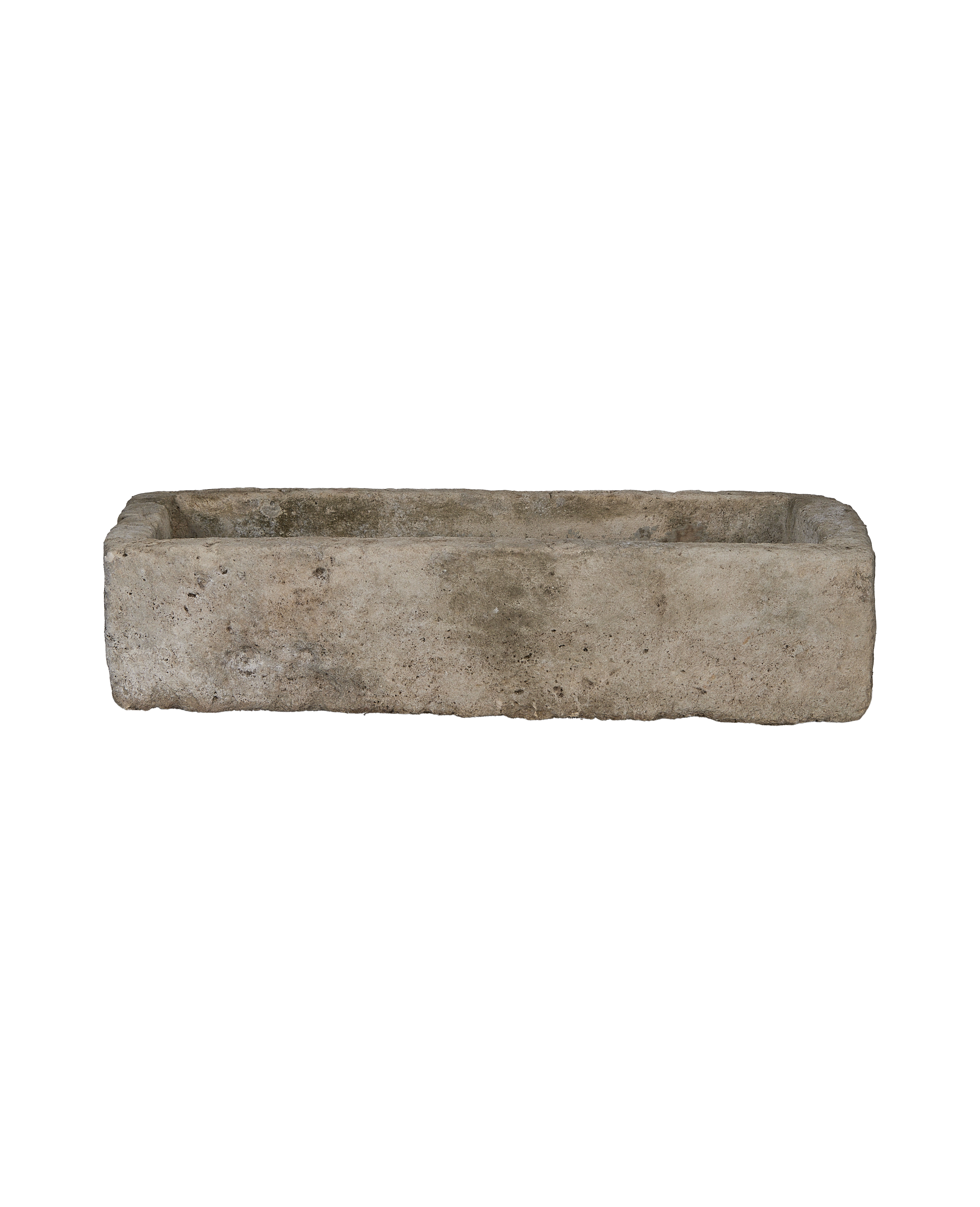 Vintage rectangular limestone trough, weathered gray concrete texture, from Indonesia.