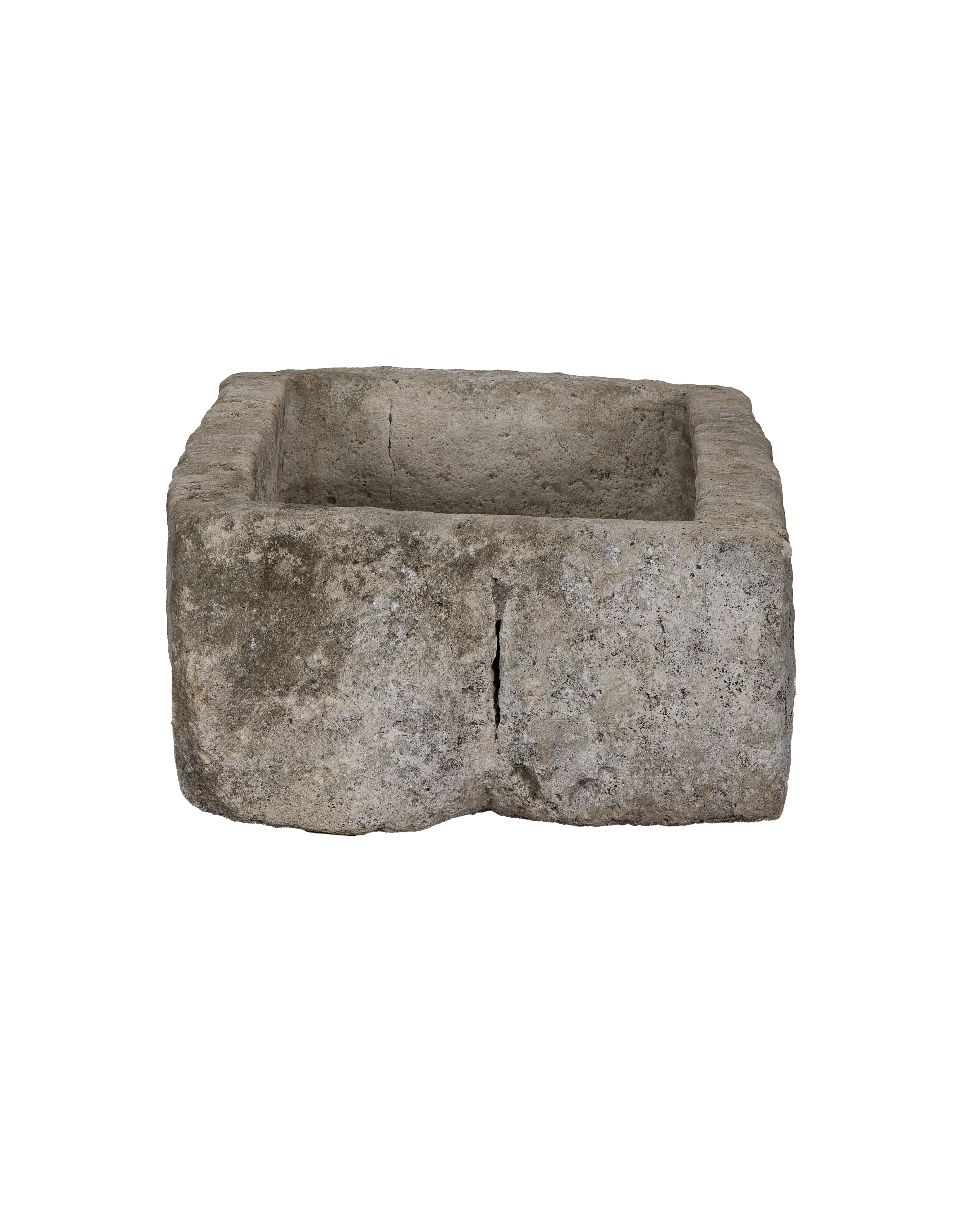 Vintage Indonesian limestone trough, rectangular, OAK, with naturally weathered texture and visible side crack.