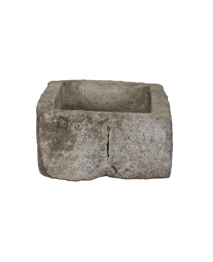 Vintage Indonesian limestone trough, rectangular, OAK, with naturally weathered texture and visible side crack.