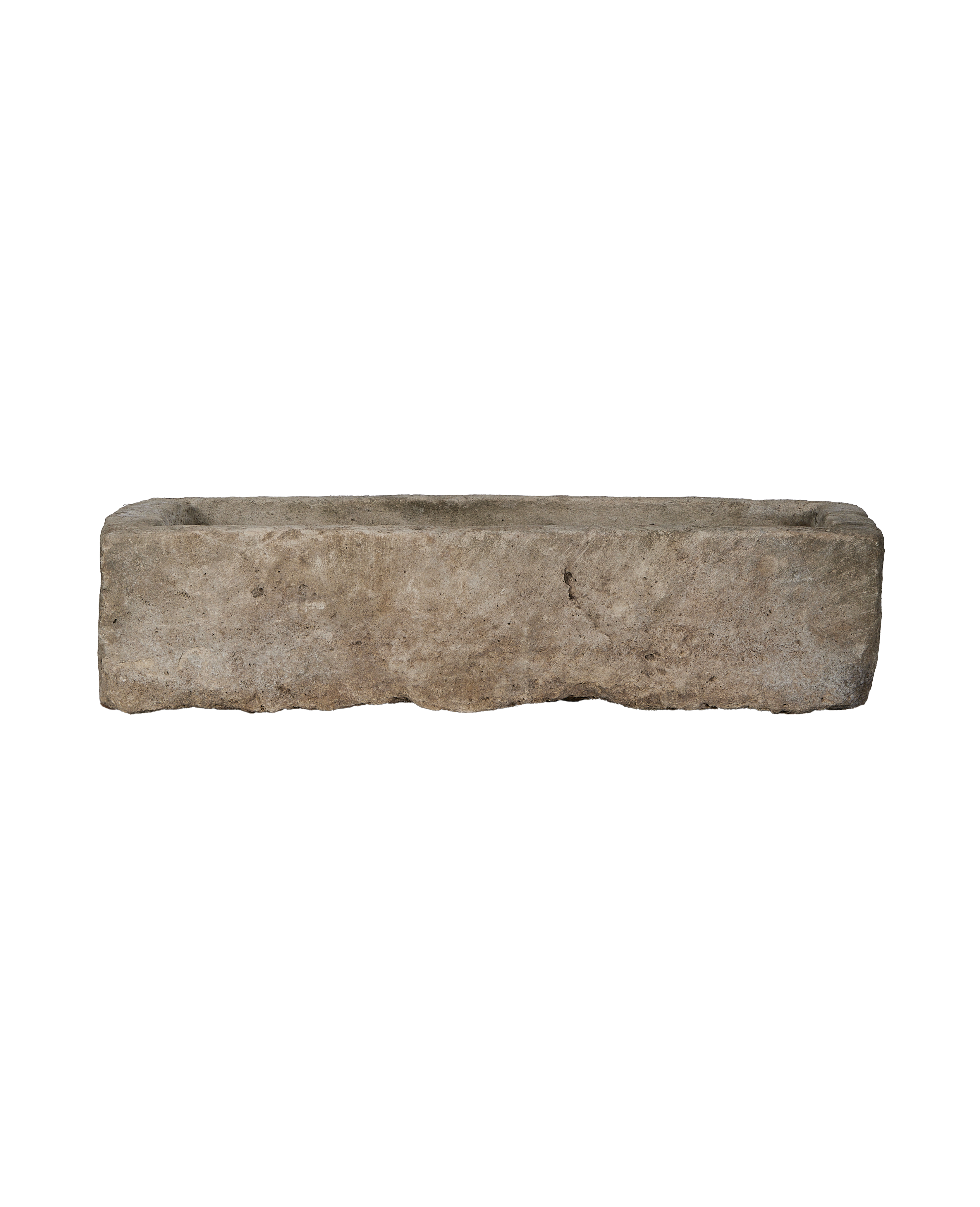 Vintage Indonesian rectangular limestone trough, front view highlighting rough, weathered texture and natural imperfections.