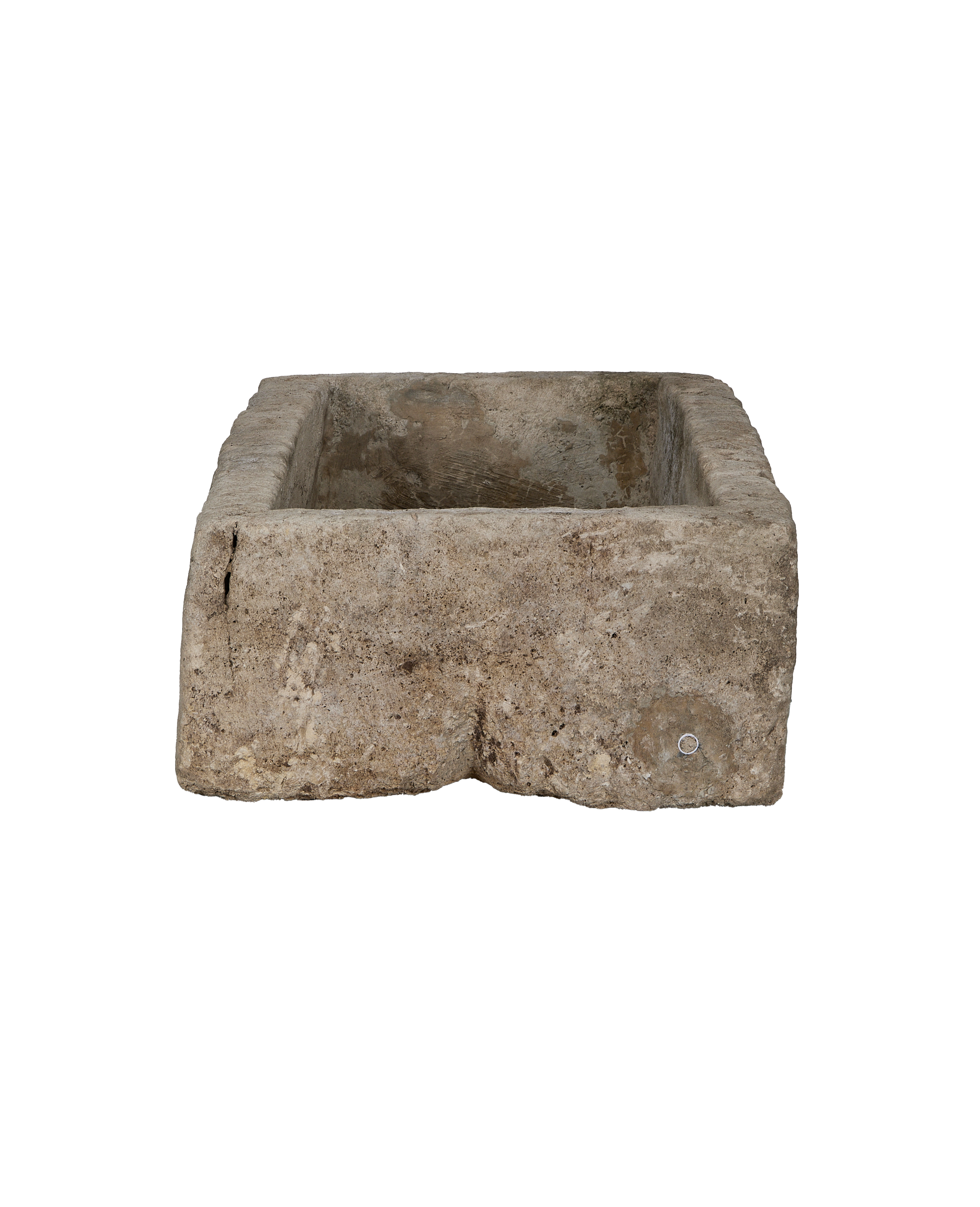 Weathered vintage limestone trough from Indonesia, showcasing rough texture and aged patina surfaces.