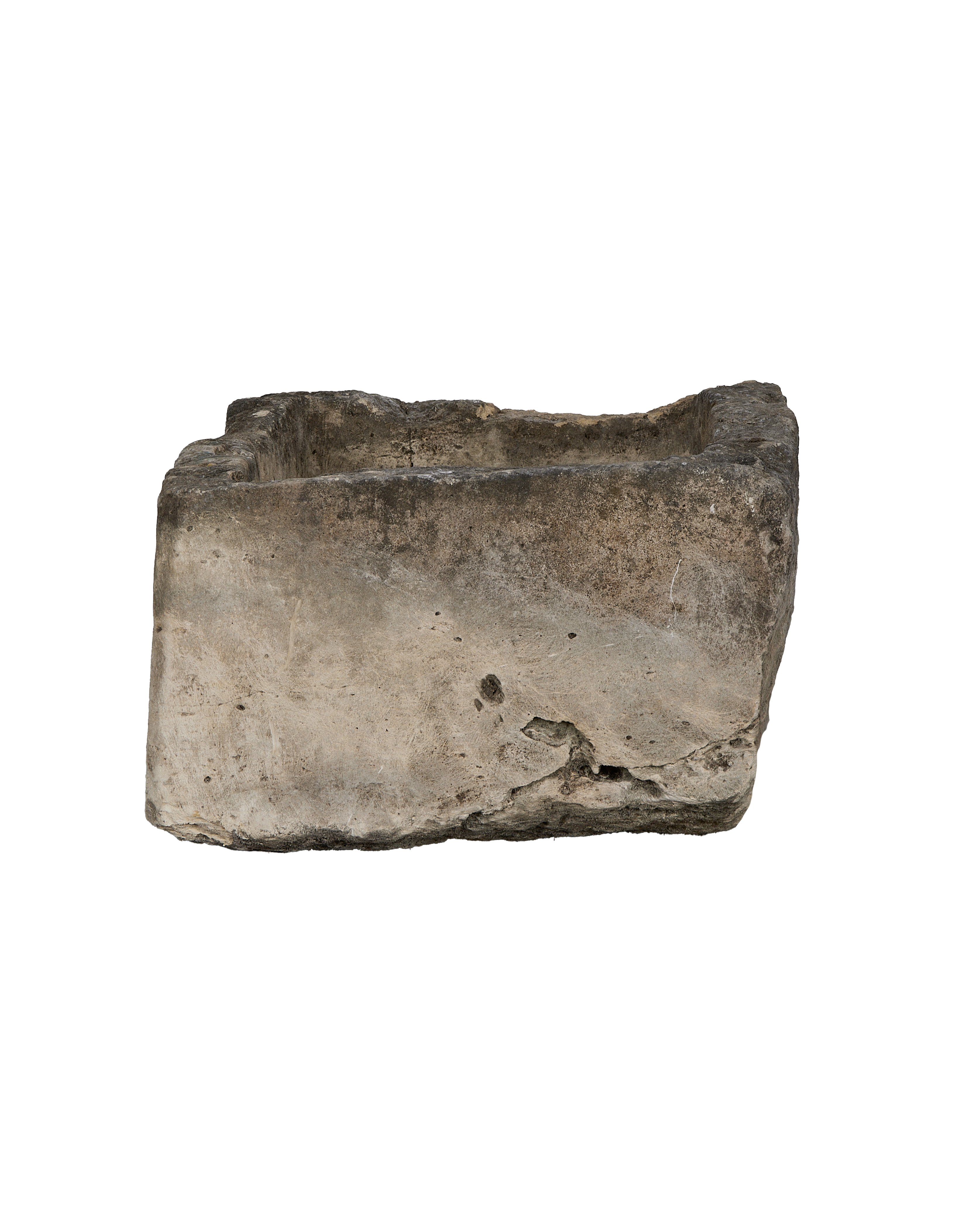 Vintage Indonesian limestone trough, rectagular form from above, showing rugged edges and weathered patina.