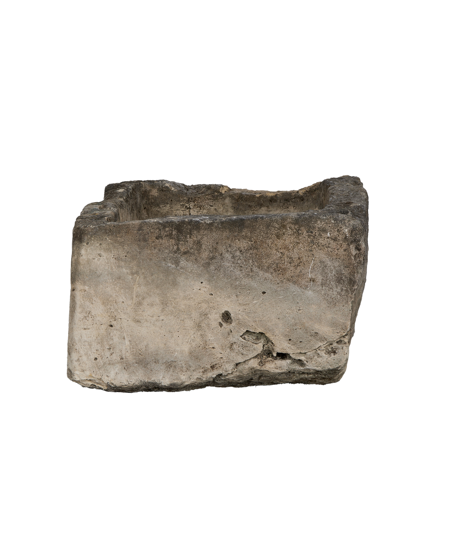 Vintage Indonesian limestone trough, rectagular form from above, showing rugged edges and weathered patina.