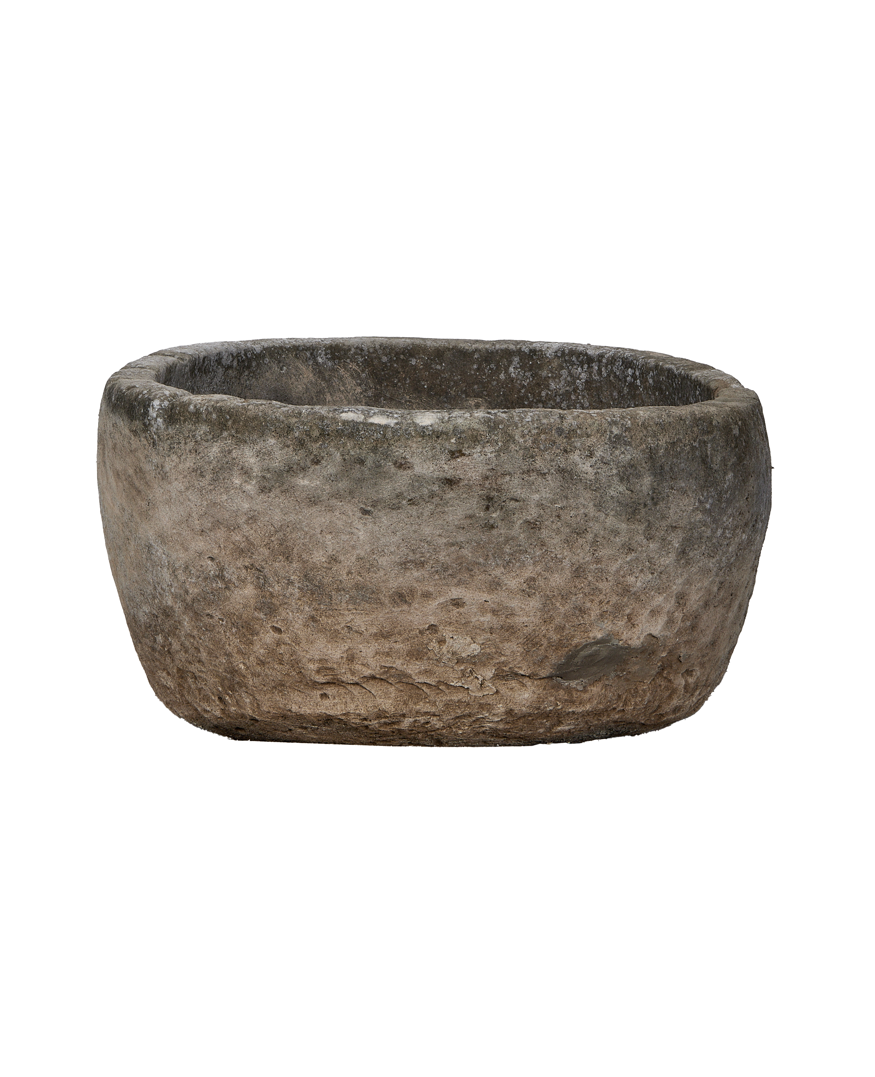 Vintage Indonesian limestone trough, round, OAK style, with weathered rustic texture.